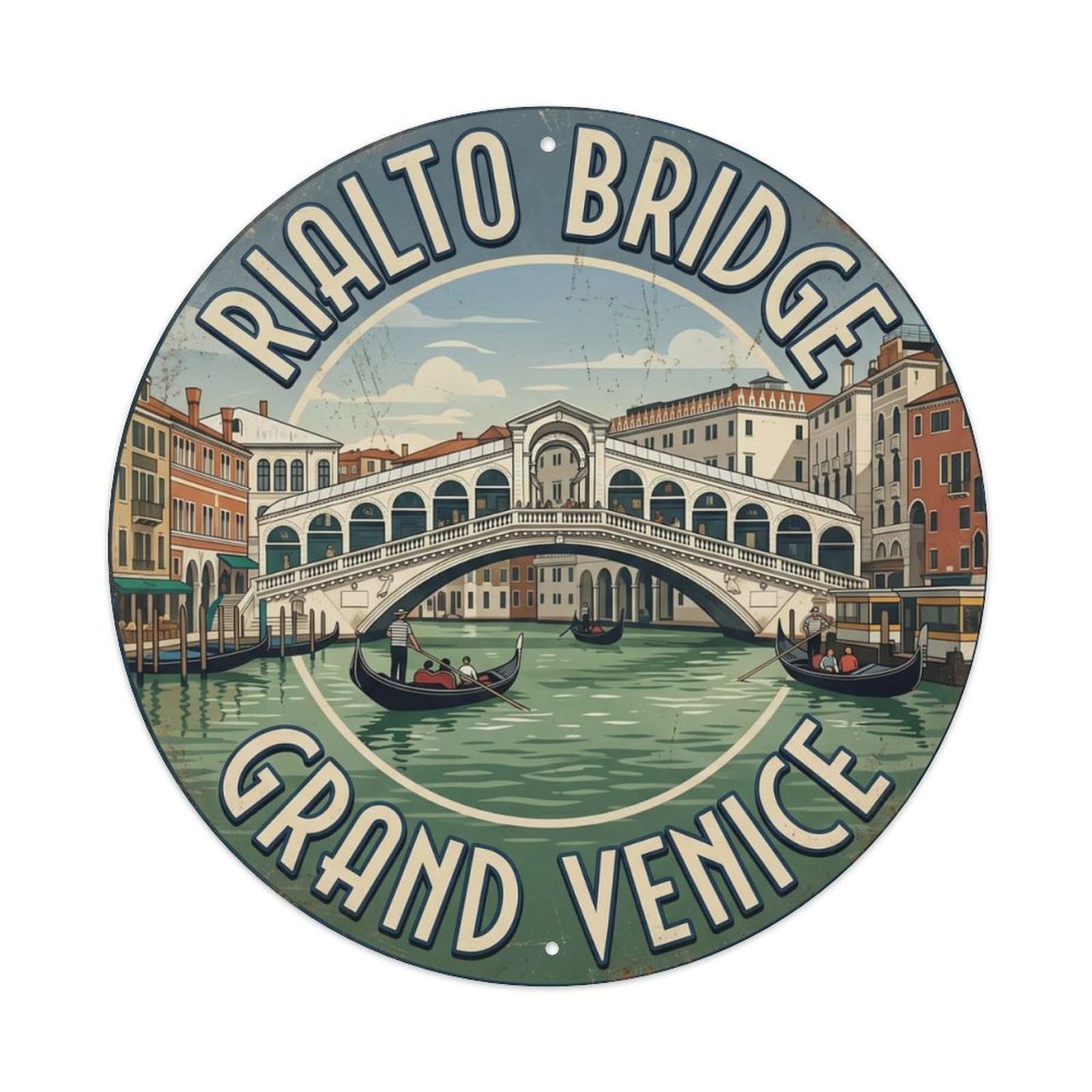 Rialto Bridge Grand Venice Canal Metal Tin Sign Plaque Wall Decor for Cafe, Club Bar, Office, Home Garden Round Metal Poster 8x8Inch