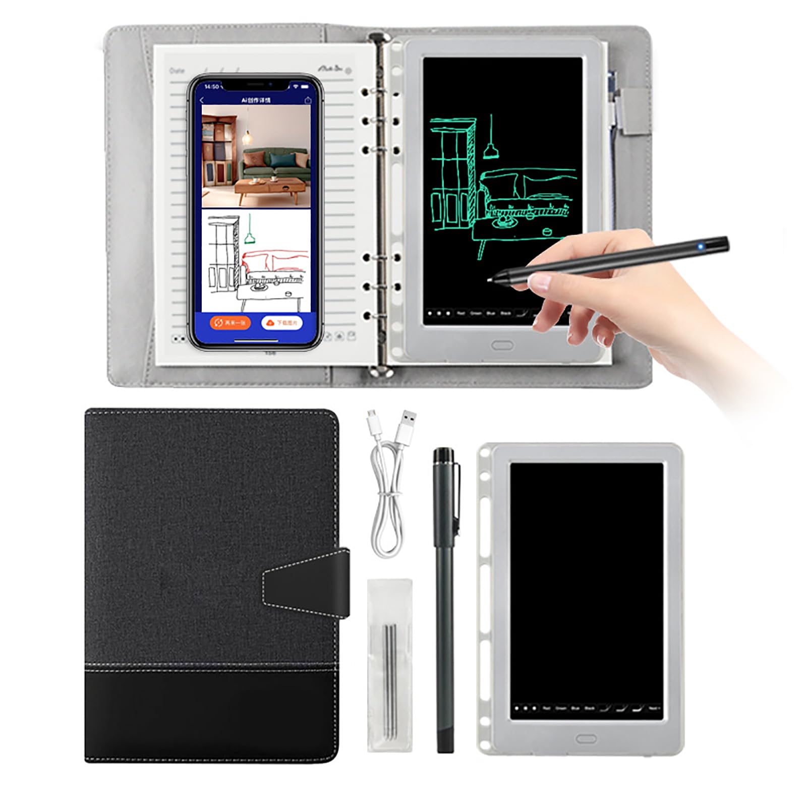 Sketchbook Digitale, Tablet da Disegno 2-in-1 e Taccuino Intelligente con Penna Sincronizzata, Riutilizzabile per Disegnare, Scrivere e Prendere Appunti Black