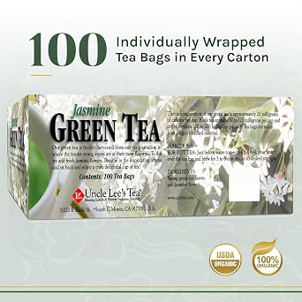 Uncle Lees Premium Green Tea with Jasmine Flowers, Lightly Caffeinated, 100 Count Antioxidant-Rich Young Tea Leaves in Individually Wrapped Bags, 5.64 Oz