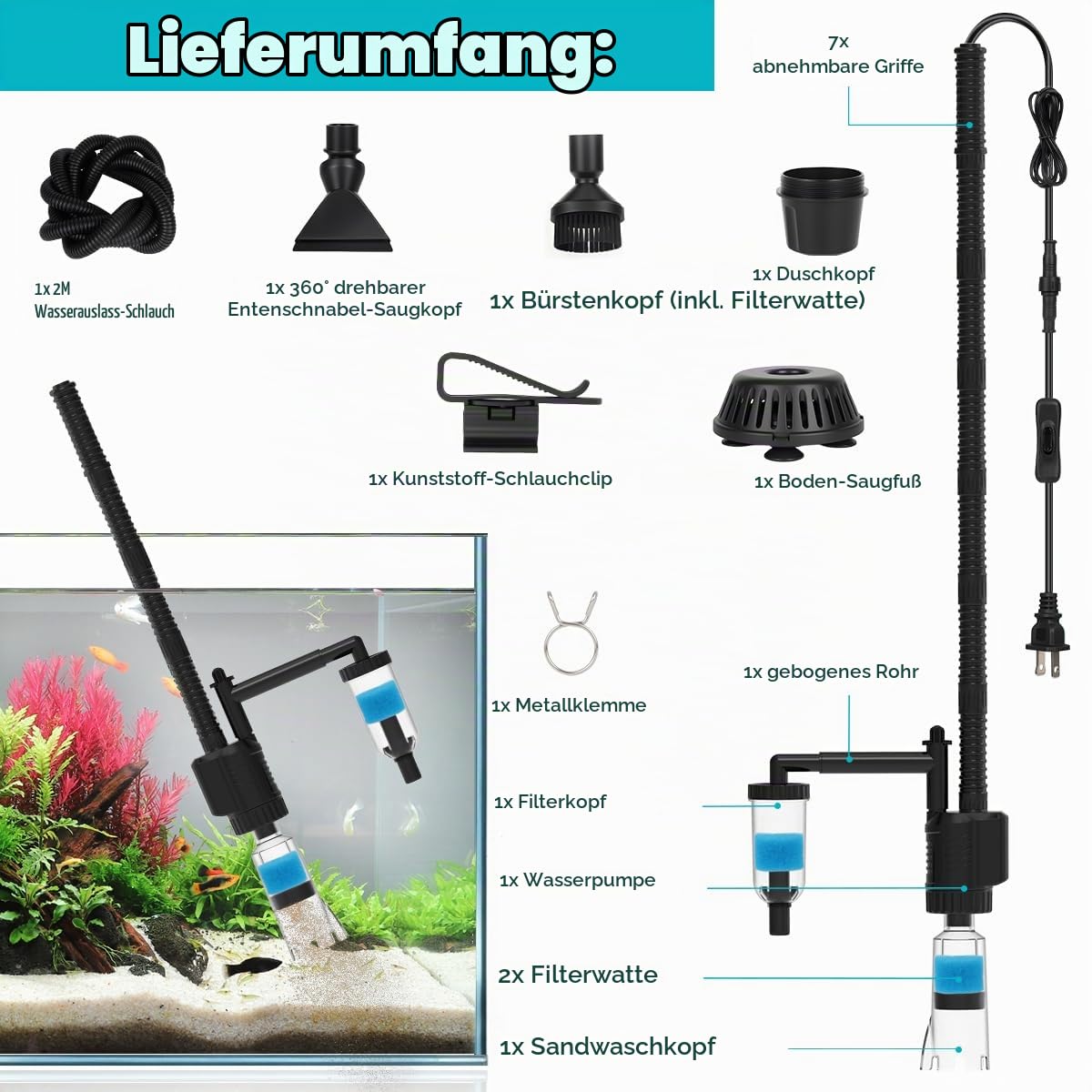 fishkeeper 30W Mulmsauger Aquarium Elektrisch, Einstellbar 1800 L/H Aquarium Sauger Elektrisch, 8-in-1 Wasserwechsel Pumpe mit Schlauch zur Sandreinigung, Kiesreiniger, Filterung, Wasserzirkulation