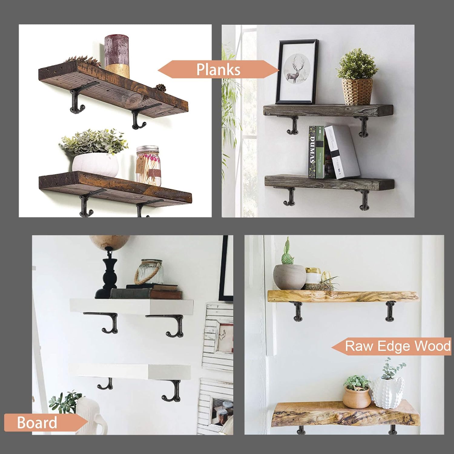 Rustic Shelf Brackets & Supports, Black Shelf Bracket with Hook, Cast Iron Wall Shelf Brackets, Heavy Duty Brackets for Wood Shelves, 6 Inch 2 Pack