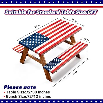 NUOLAN 6FT Picnic Table Cover with Bench Covers, American Flag Waterproof Windproof Fitted Tablecloth with Elastic, Patriotic 4th of July 250th Anniversary Outdoor Camping Table Decor, 72x30 Inch