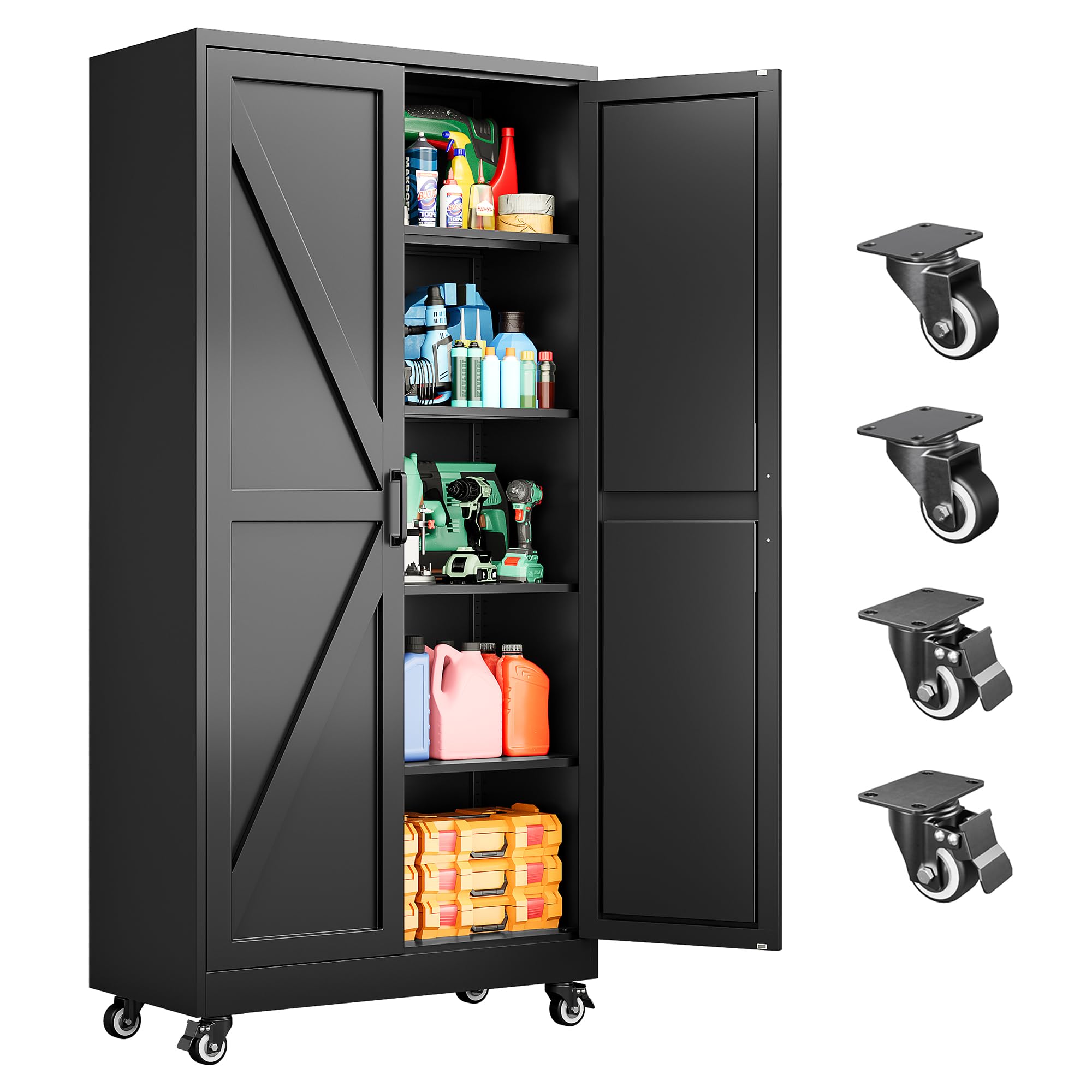 SISESOL Wide &amp; Deep Metal Storage Cabinet with Wheels,75 inch Tall Rolling Garage Storage Cabinet, Metal Cabinets with Wheels and Shelves, Deep Heavy Duty Tool Cabinet for Garage,Office,Shop (Black)