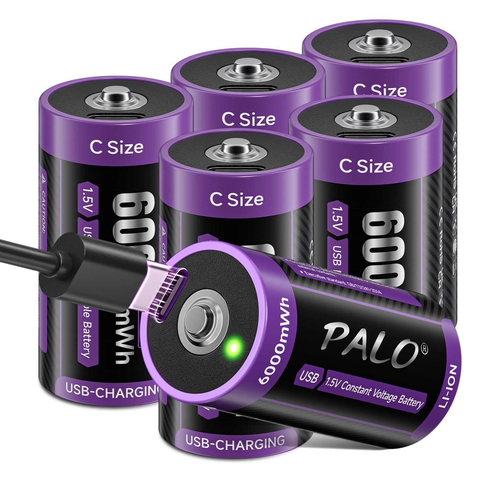 USB-C Pilas Baby C Recargables Lr14 Pila 1.5V 6000mWh Pilas Tipo C de Carga Rápida Litio Batería con Cable de Carga,Baja Autodescarga,con Luz Carga,1500+ Ciclos 6 Piezas