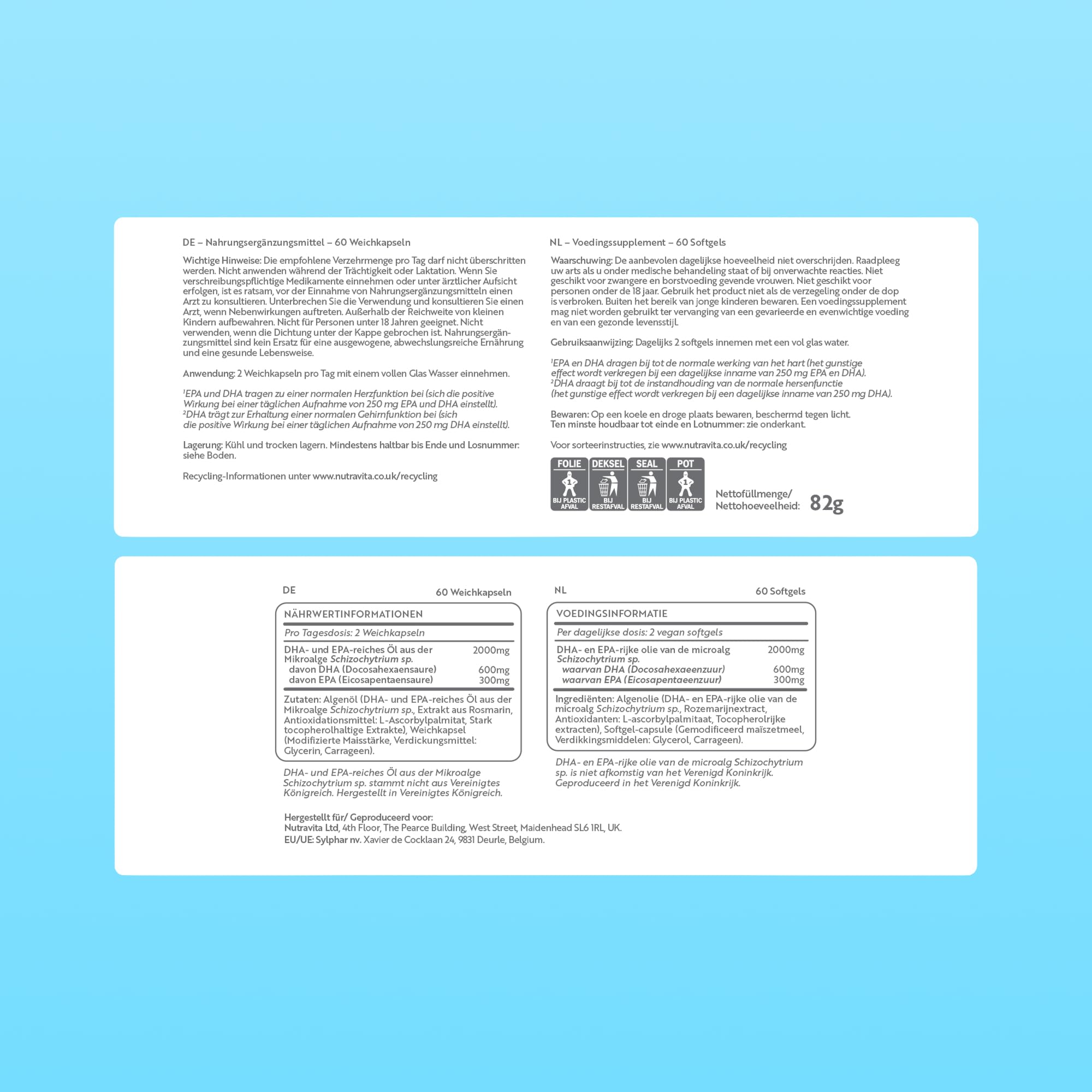 Nutravita Gélules molles Vegan d'Oméga 3 haute résistance 2000 mg - 600 mg de DHA et 300 mg d'EPA par portion - Gélules molles d'Oméga 3 à base de plantes dérivées d'huile d'algue durable