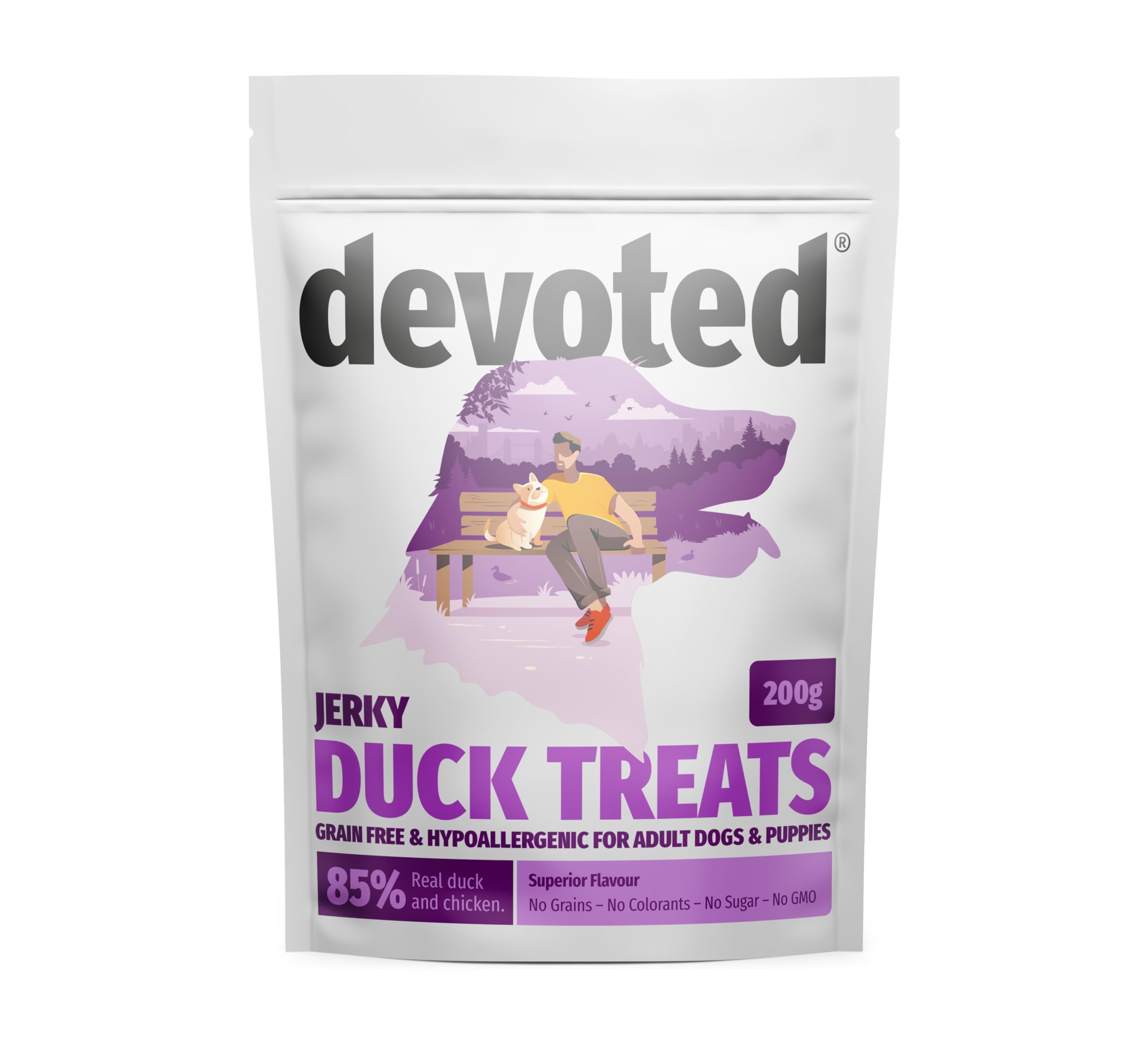 Devoted Dog Treats - Duck & Chicken Jerky (200g x 8 Pack) High Protein Training Reward Treats, 85%