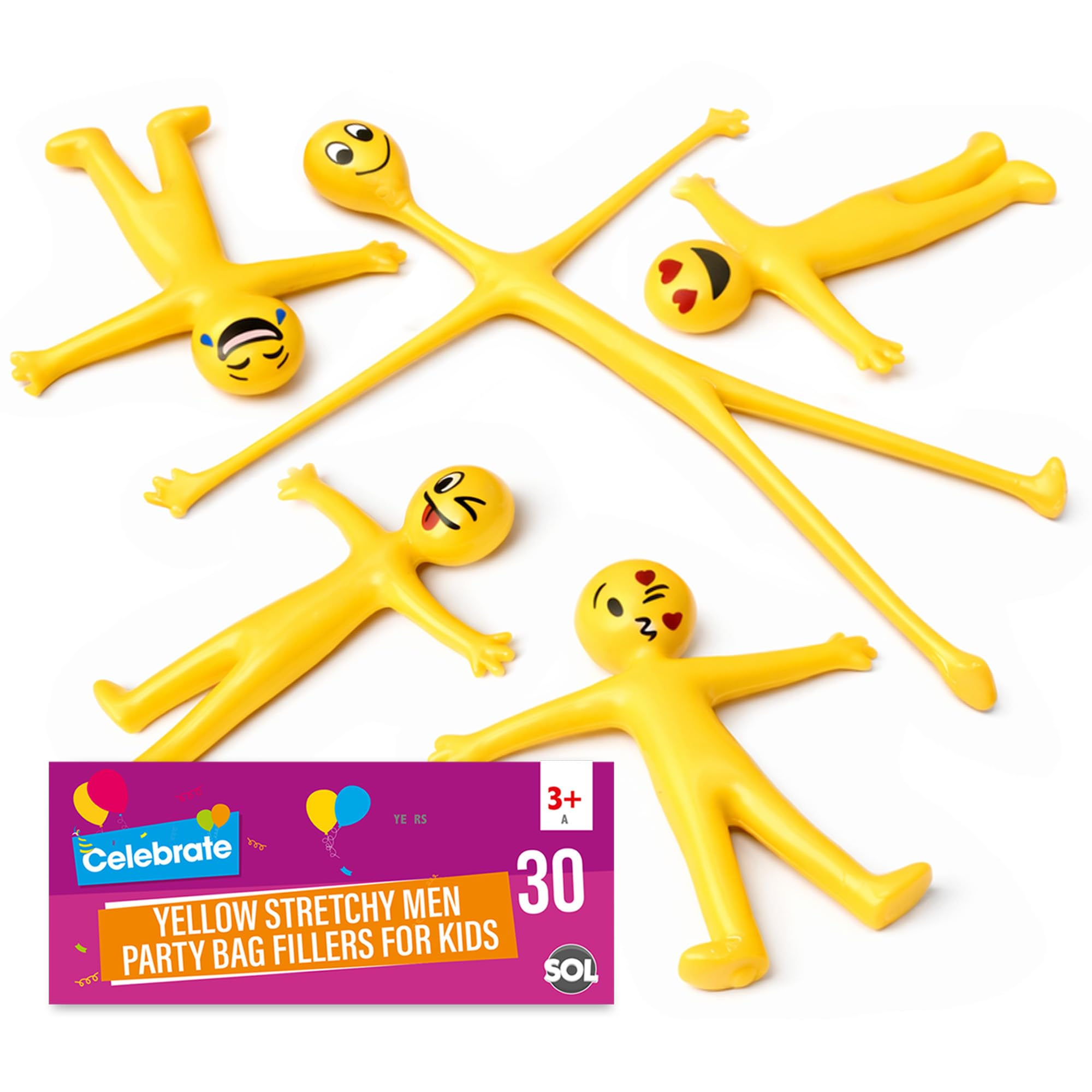 SOL 30pk Yellow Stretchy Men Party Bag Fillers For Kids, Fun Flexible Stretchy Toys in Assorted Emoji Faces, Ideal for Party Favours, Goodie Bags, Prizes & Birthday Giveaways, Perfect for Boys & Girls