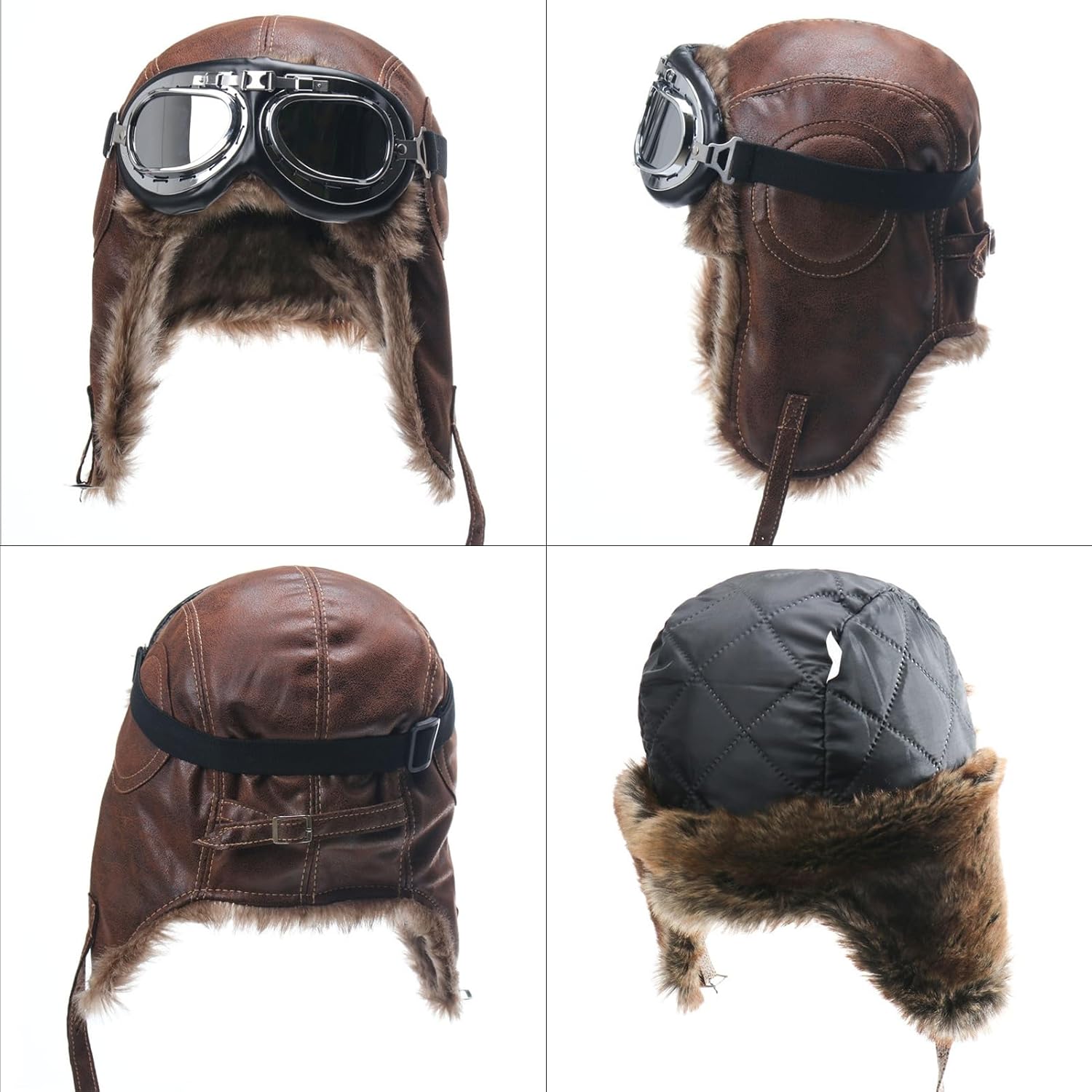 Men's Trapper Winter Hat Leather Aviator Hat with Goggles Fur Hunting Hat with Fur Ear Flaps - Image 3