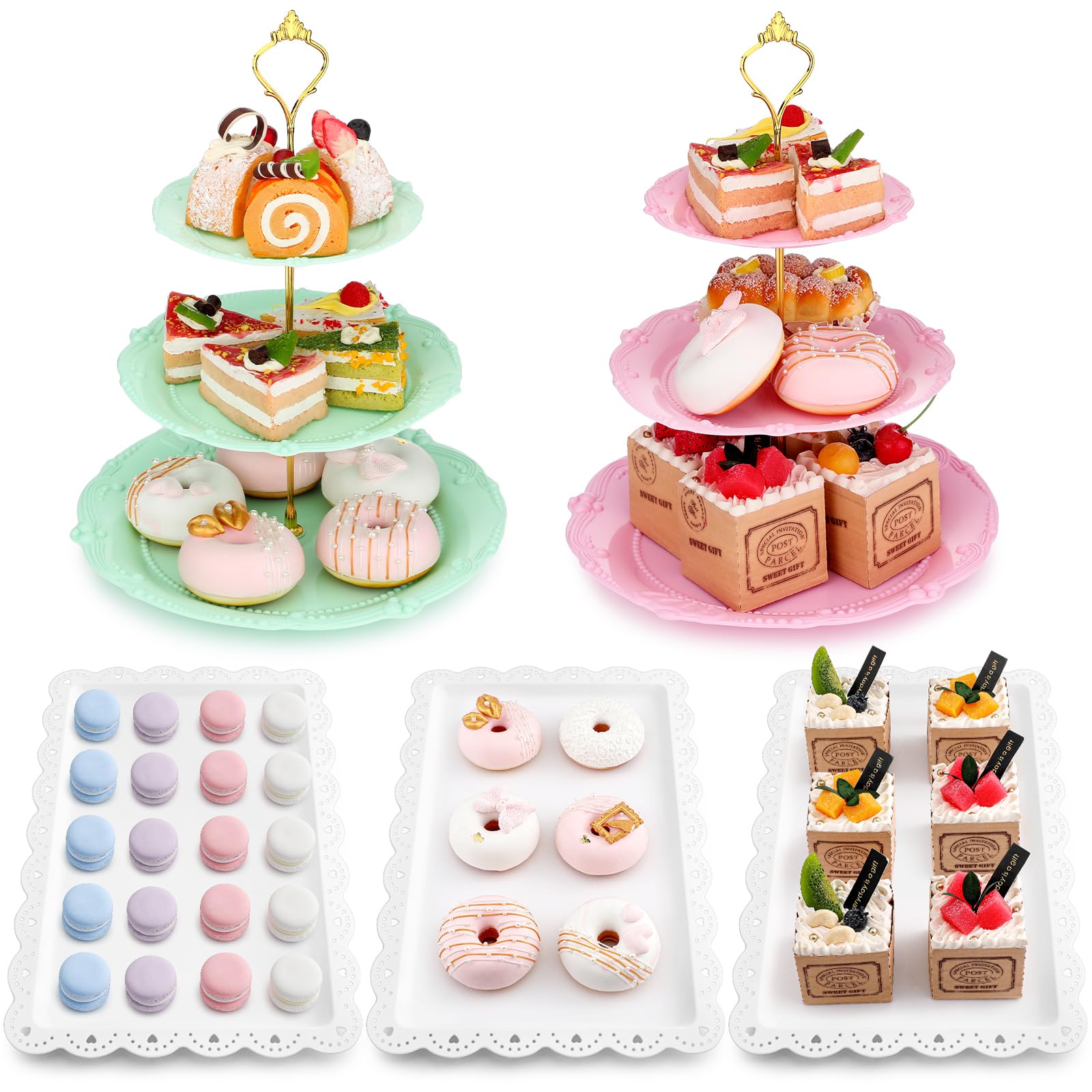 Photo 1 of 5 Pcs Cupcake Stand Set Dessert Table Display Set Cake Stand with 2 Large 3 Tier Cupcake Stands 3 Appetizer Trays Platters for Wedding Birthday Baby Shower, White Pink Green