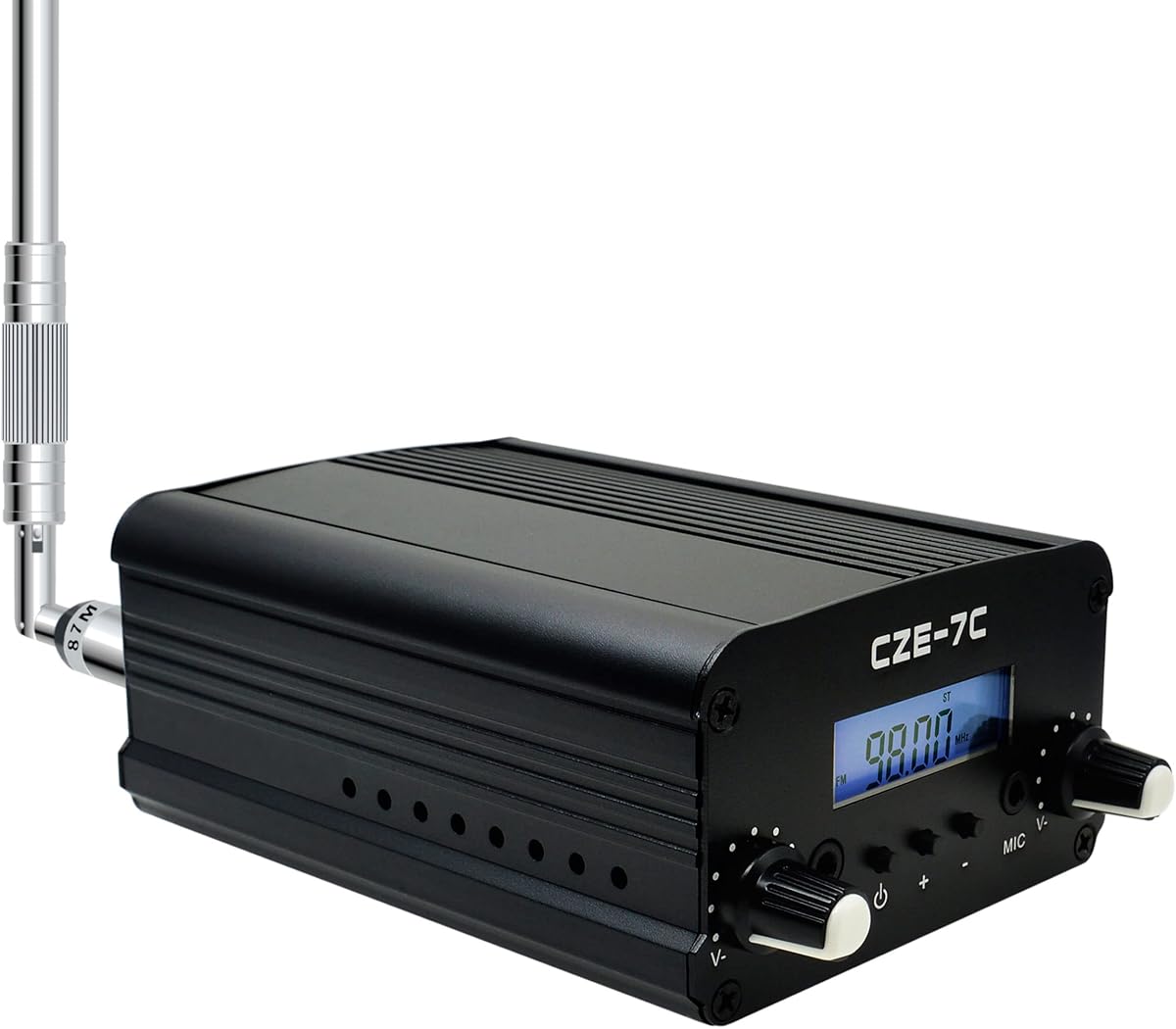 7W 1W Long Range FM Transmitter with LCD & 3.5mm Audio Cable - Ideal for Drive-in Church, School & Supermarket Events, Light Shows & Fireworks Display - Black