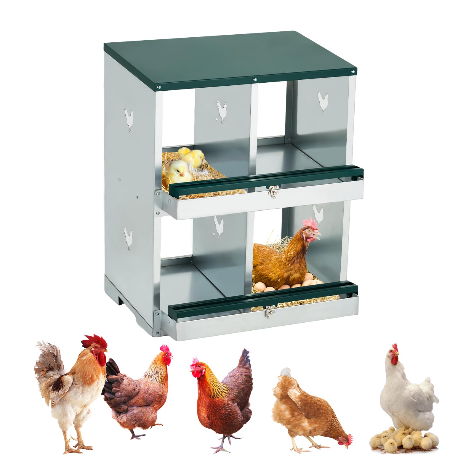 Garvee Nesting Boxes for Chickens, 4 Compartments Metal Chicken Nesting Box, Chicken Egg Laying Box with Large Vented Holes for Easy Egg Collection, Green I 4 Compartments