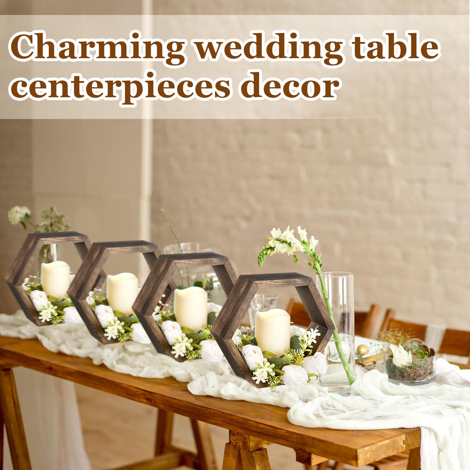 Juego de 16 faroles de madera para velas, incluye 8 centros de mesa rústicos para mesa y 8 velas LED decorativas sin llama para bodas, marrón oscuro, hexagonal 4
