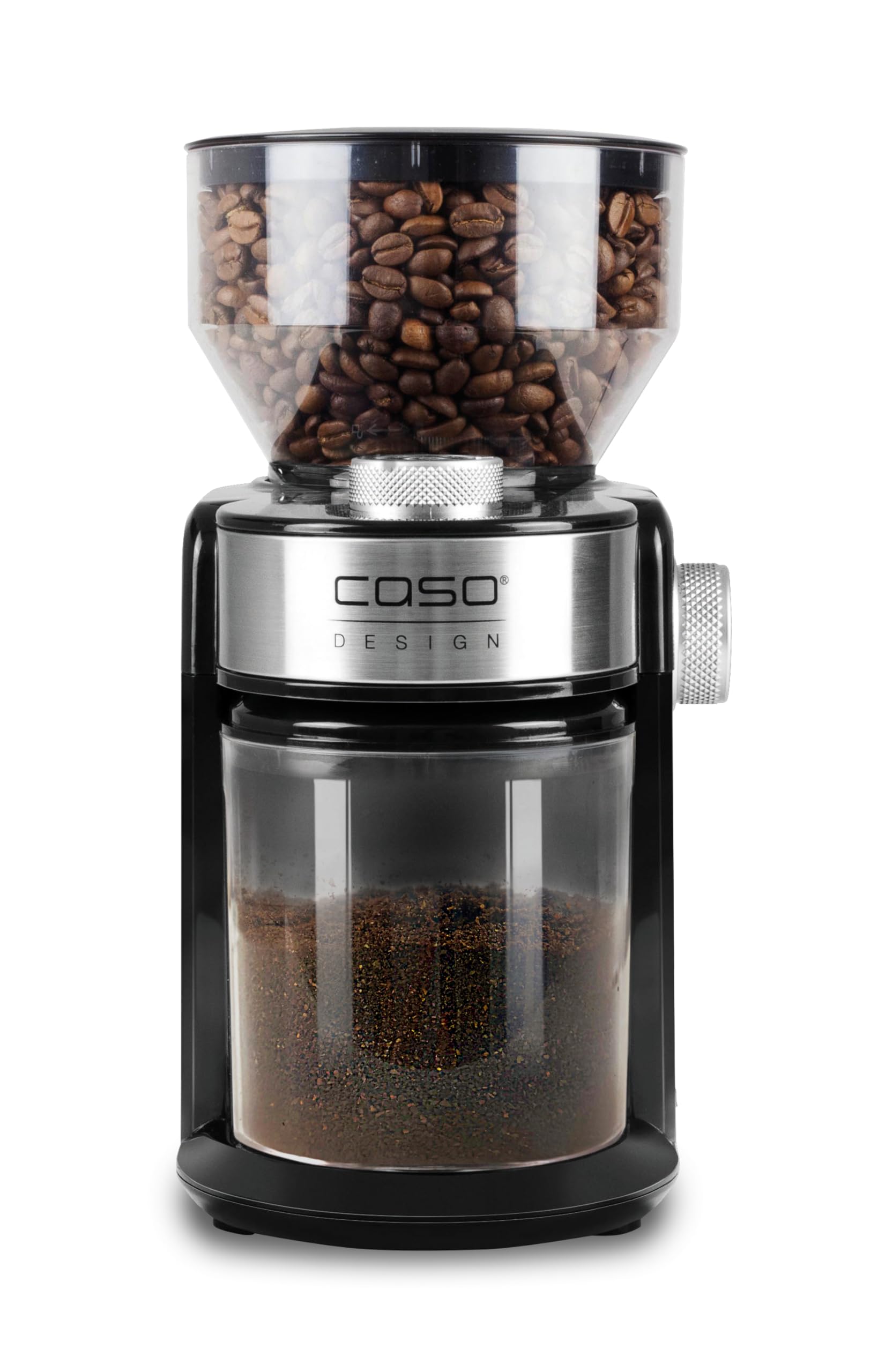 CASO Barista Crema - macina caffe' elettrico con macine piane, 150 W, capacità 190 g (da 1 a 12 tazze) e contenitore raccoglitore estraibile fino a 140 g, 48 livelli di macinatura, acciaio inox