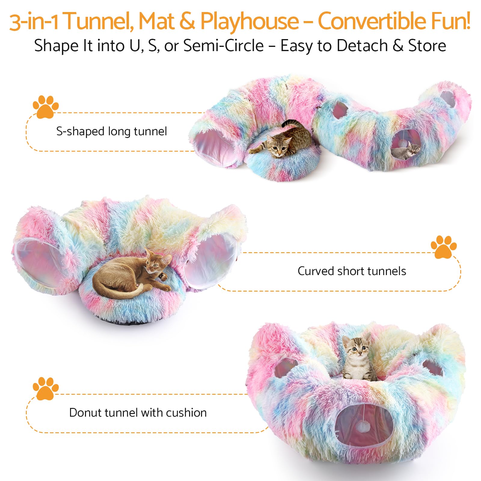 Maxetodo Rainbow Plush Foldable Cat Tunnel with Peek Holes & Washable Mat, Interactive Hideaway Toy for Indoor Cats Kittens - Image 4