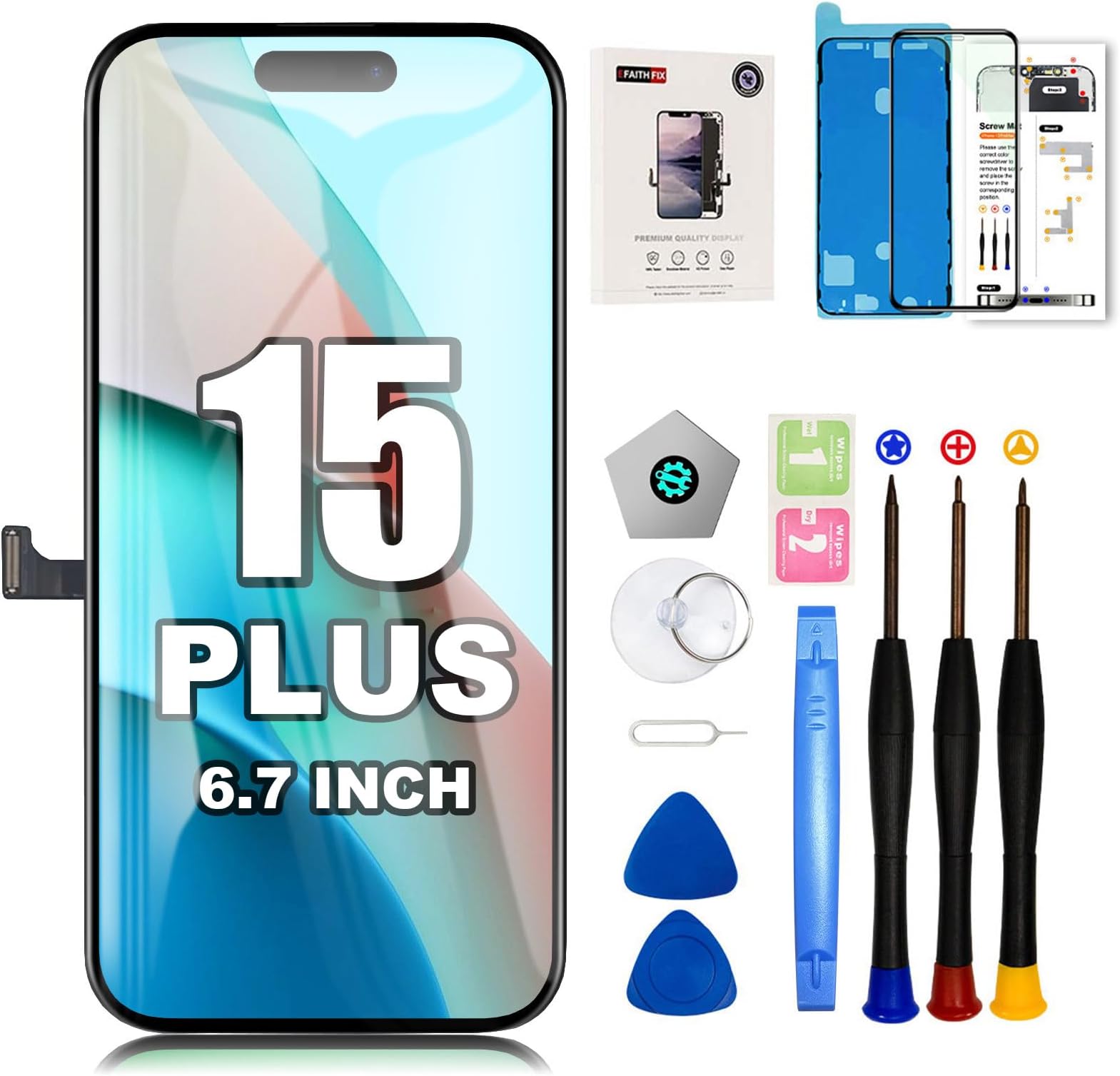 EFAITHFIX for iPhone 15 Plus Screen Replacement 6.7 Inch LCD 3D Touch Display Full HD Digitizer Frame Assembly (A2847, A3093, A3094, A3096) with Repair Tools Kit Screen Protector Waterproof Adhesive