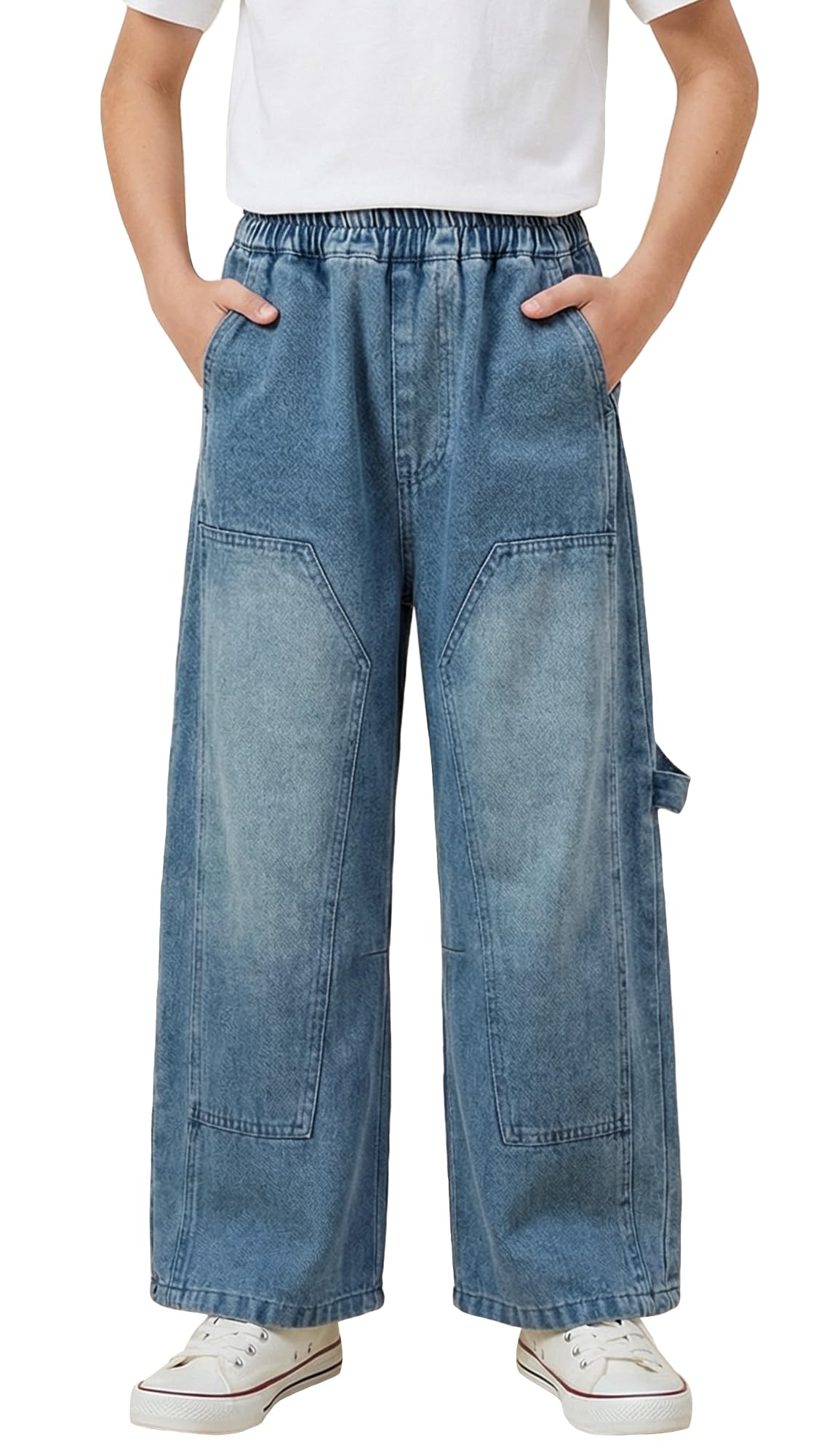 SEAUR Pantalones de mezclilla holgados de pierna ancha para niños, cintura elástica, pantalones de mezclilla para niños, pantalones cargo vintage Y2K, algodón, 6-15 años