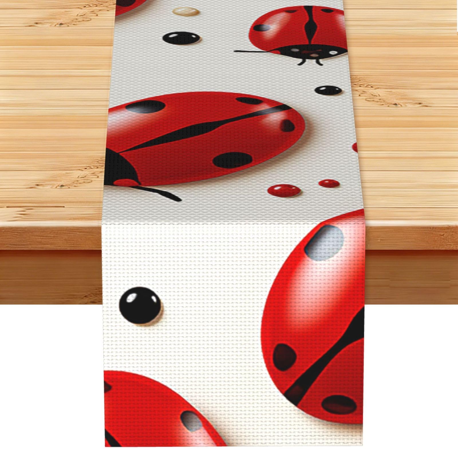 Fodpand Black Rustic Cotton Linen Table Runner, Red Ladybug Table Runners 13 X 72 Inches, Modern Elegant Farmhouse Tablecloth, Washable Kitchen Dining Table Decoration For Home Party Decor