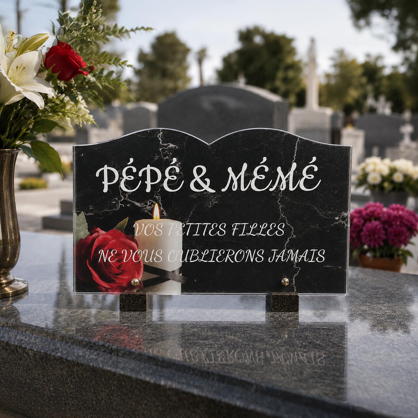 Placa funeraria libro personalizable en plexi, diseño de vela y rosa roja, diferentes tamaños, grosor 6 mm, personalizado en varias líneas, 22-5x15 cm