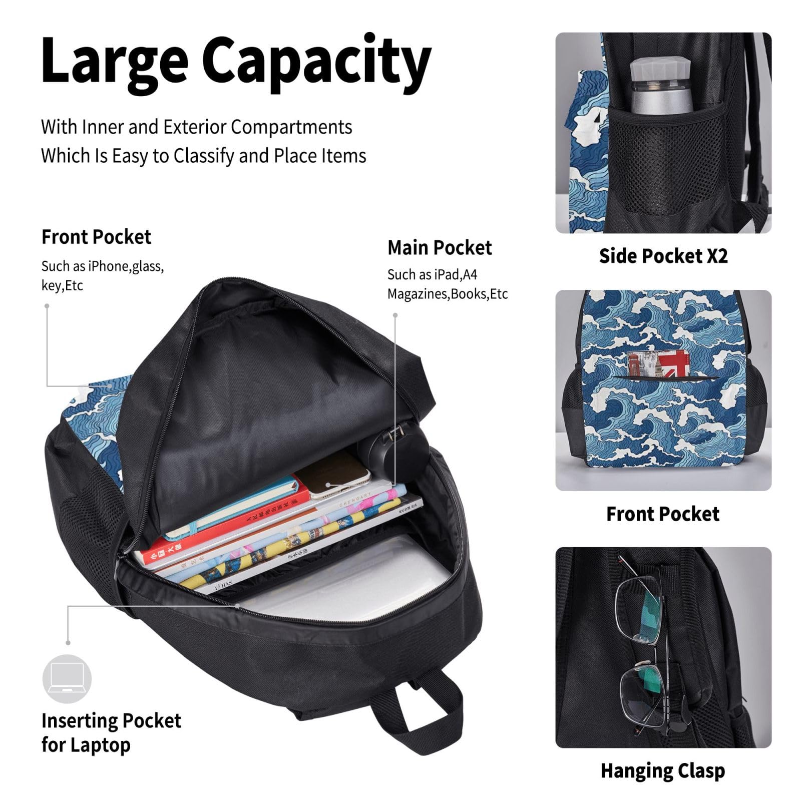 Zaino, borsa portapranzo, astuccio, set da 3 pezzi, per lavoro e