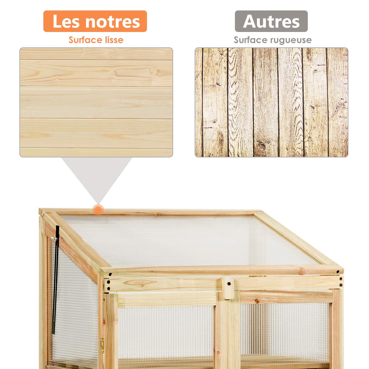COSTWAY Mini Serre en Bois 60x45x100CM Vitrages Transparents en Polycarbonate Plateau Supérieur Amovible avec Etagères à 3 Niveaux pour Jardin/Balcon/Porche