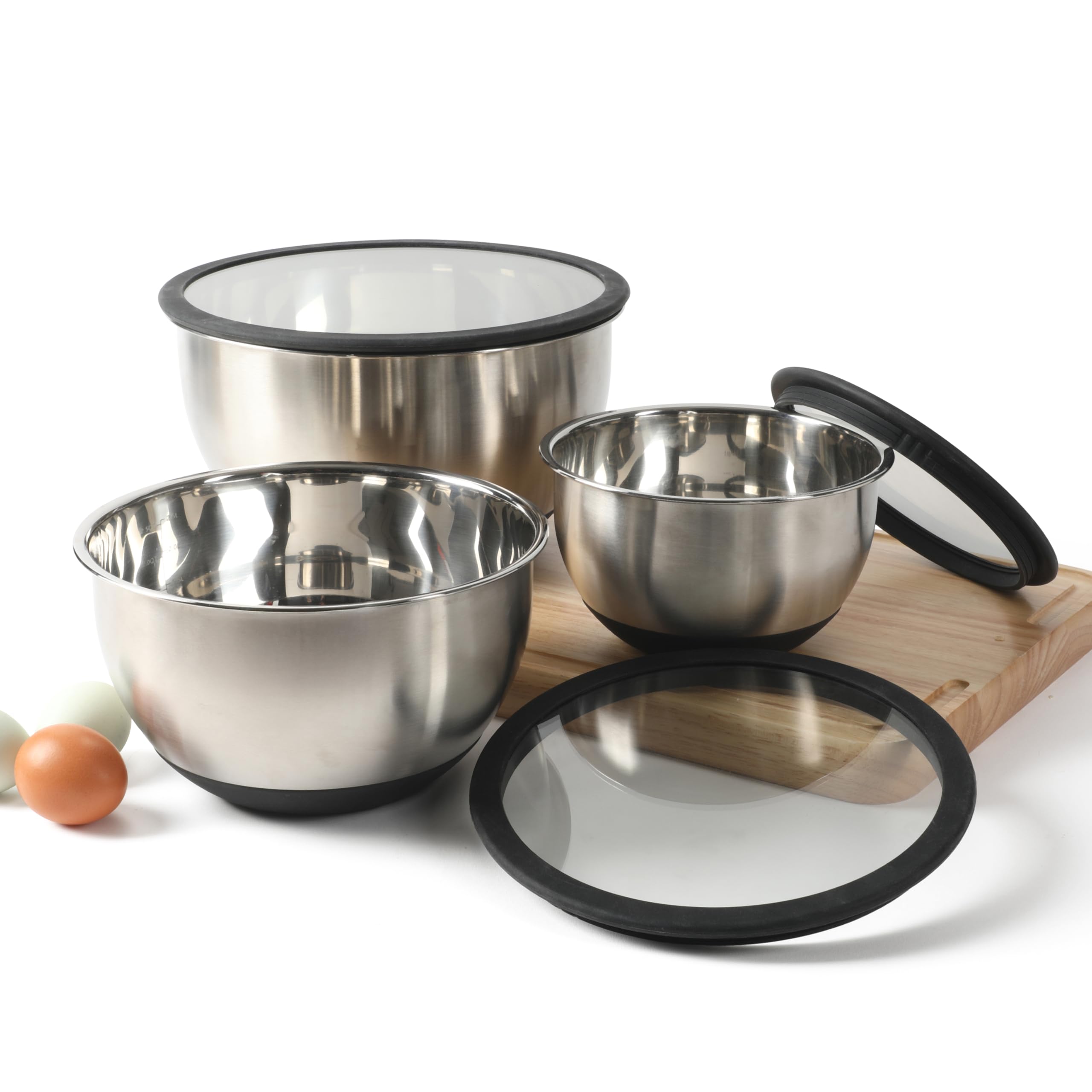 Calphalon Orbit Rührschüssel-Set mit Glasdeckel und rutschfestem Silikonboden, 3-teilig