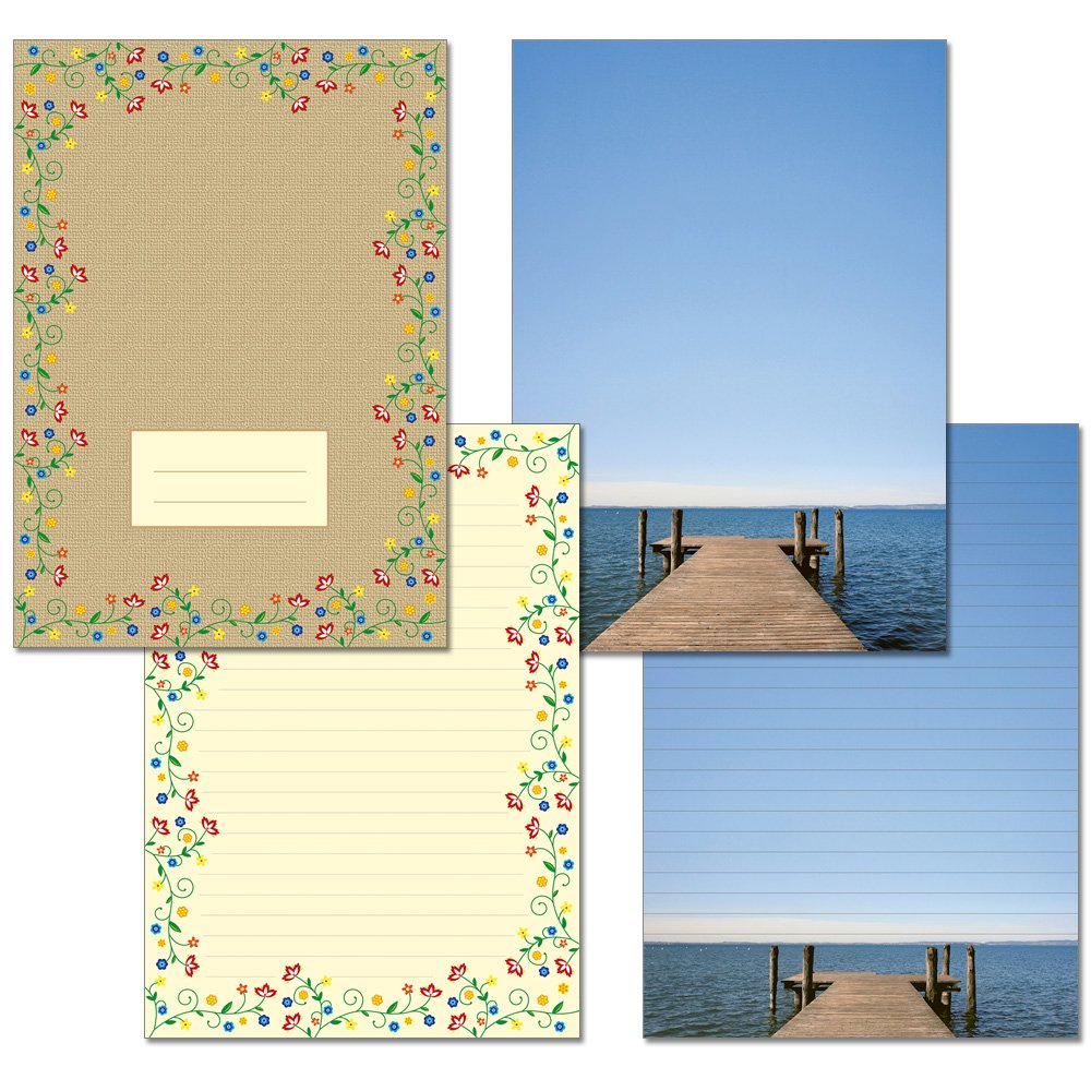 Pack of 2 Writing Pads 1 x Sea View + 1 x Flower Magic Vintage 24 Sheets Each Format DIN A4 with Cover Sheet 7220 + 7290