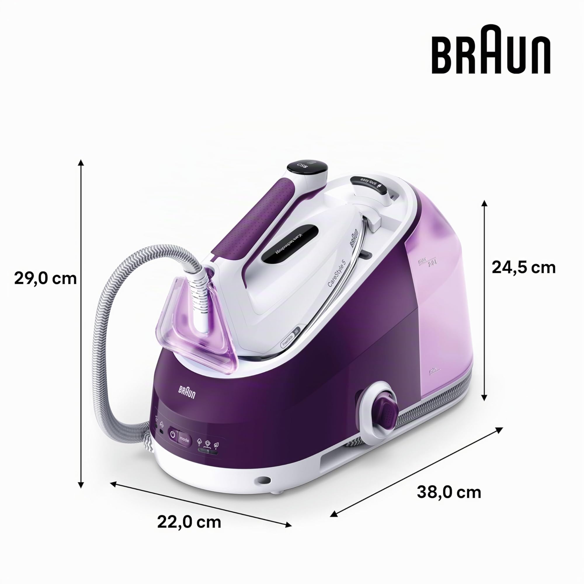 Braun CareStyle 5 IS5247VI Dampfbügeleisen mit FreeGlide-Technologie 3D, 145 g/min Dampf, schnelles Aufheizen, iCare-Modus, vertikales Bügeln, abnehmbarer 2-L-Tank, 2400 W, Violett