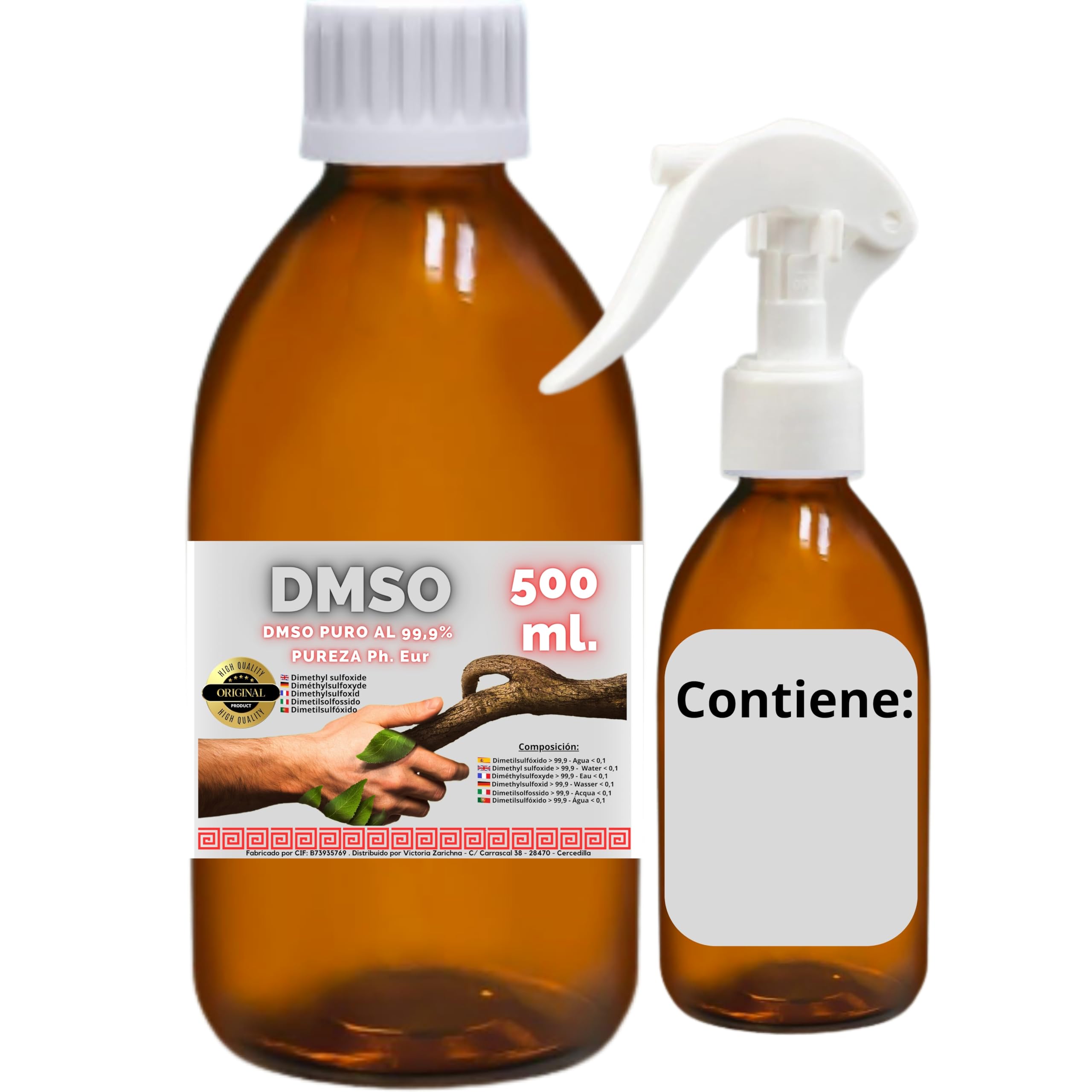DMSO 500 ml. 99,9% Pureza Con Gotero | Dimetilsulfóxido Calidad Ph Eur | Regalo Frasco125ml + Difusor + Vasito Dosificador | Frascos Ámbar de Laboratorio | Precinto de Seguridad