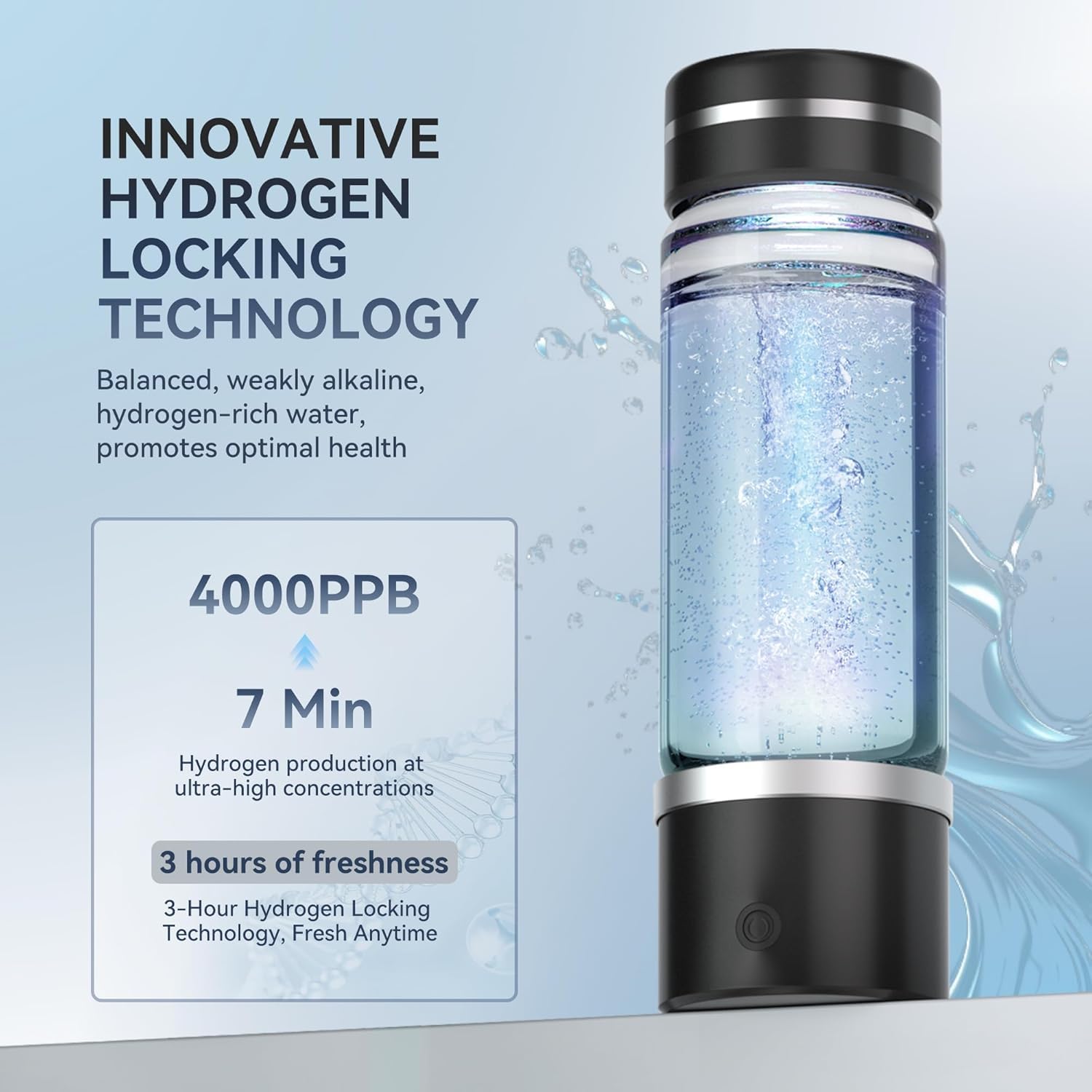 Upgrade Wasserstoff Wasserflasche 4000PPB【Nr.1 Doppelter Wasserstoffgehalt】Hydrogen Water Bottle Mit TOP SPE PEM-Technik, Wasseraufbereitung in 3 Minuten Smart