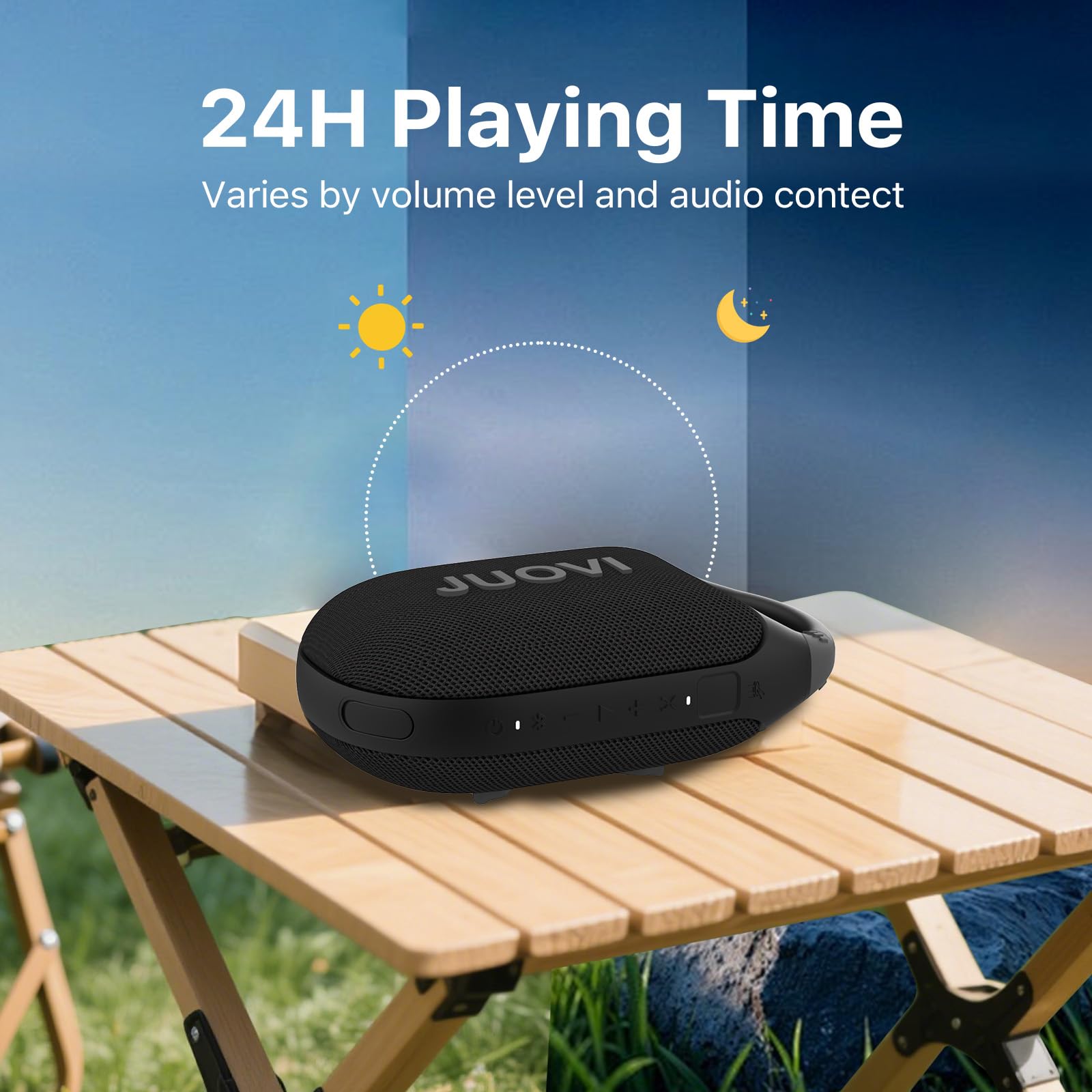 JUOVI Cassa Bluetooth Portatile, Audio Stereo, 24 Ore di Autonomia, Volume Alto, Bluetooth 5.3, IP68 Waterproof, Built-in Carabiner, per Spiaggia, Camera ed Esterno(Blu)
