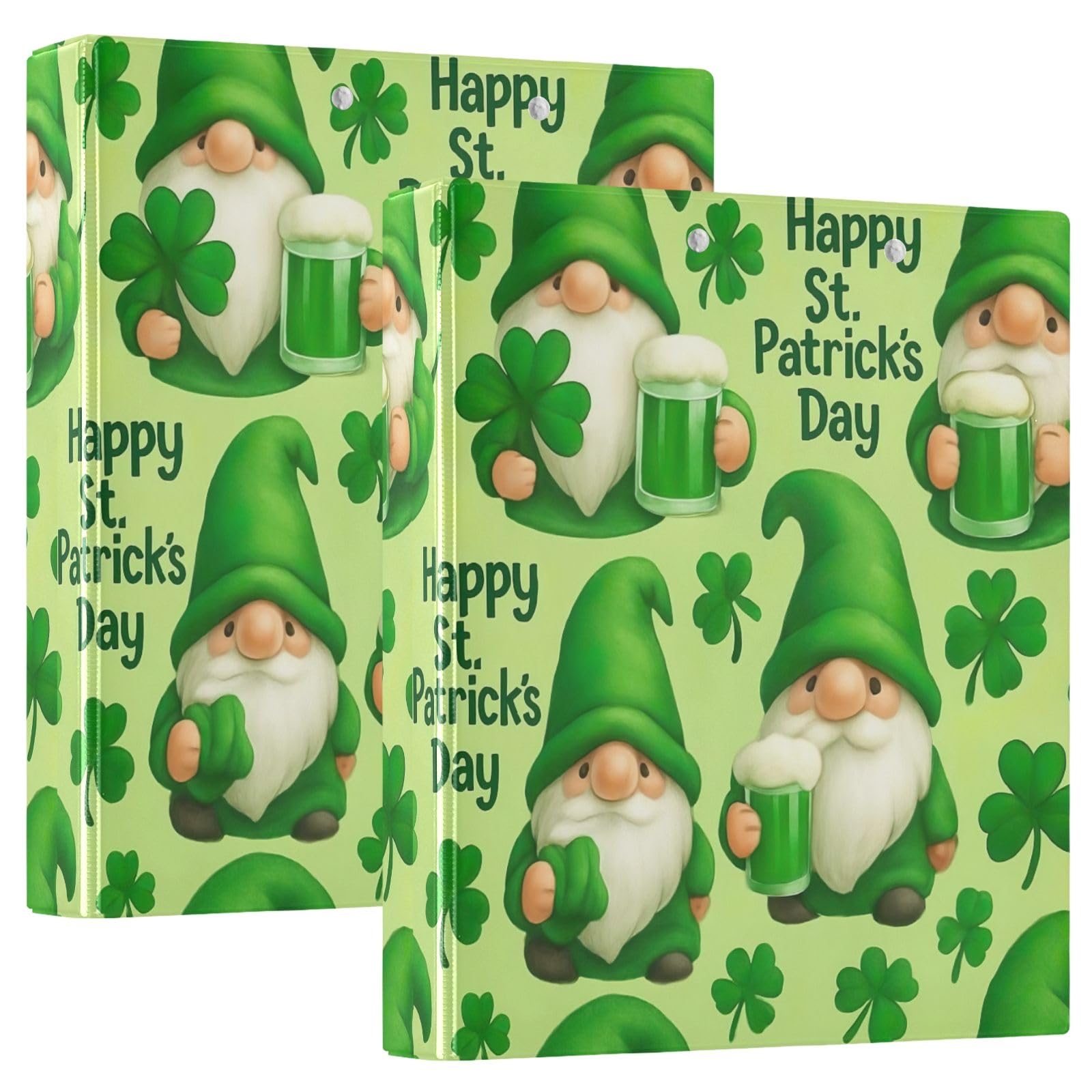 Raccoglitori a 3 anelli da 3,8 cm, graziosi gnomi con trifogli, colore verde, con clip antiscivolo, per lavoro, scuola, ufficio, confezione da 2