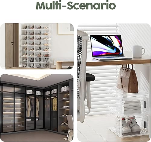 Miniatura 7 de Paquete de 8 cajas apilables para zapatos, organizador de zapatos de plástico transparente mejorado con puerta magnética y asa para zapatos de