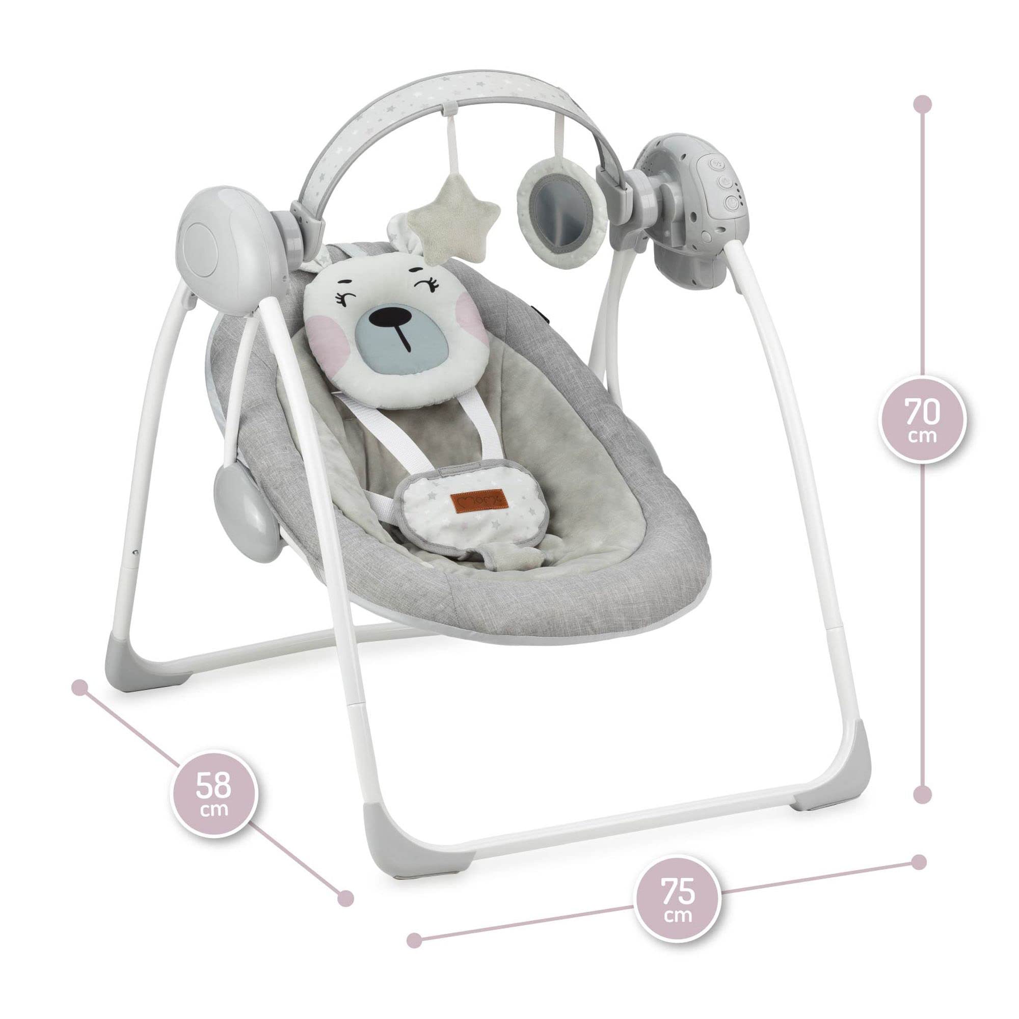 Momi Liss Teddy Pink Rocker con funzione di oscillazione automatica, per bambini fino a 9 kg, con 5 velocità, capacità di regolare l'orario di lavoro, l'alimentazione o le batterie