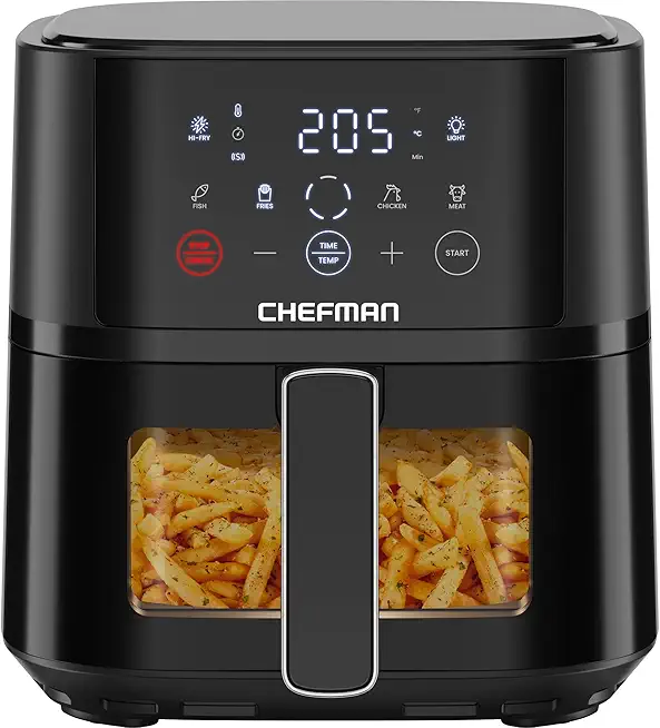 Chefman Heißluftfritteuse - 3,75 l kompakte Heissluftfritteuse für schnelle Mahlzeiten, mit Hi-Fry Technologie, Sichtfenster, Touch Controls, antihaftbeschichtet und spülmaschinenfest - Schwarz