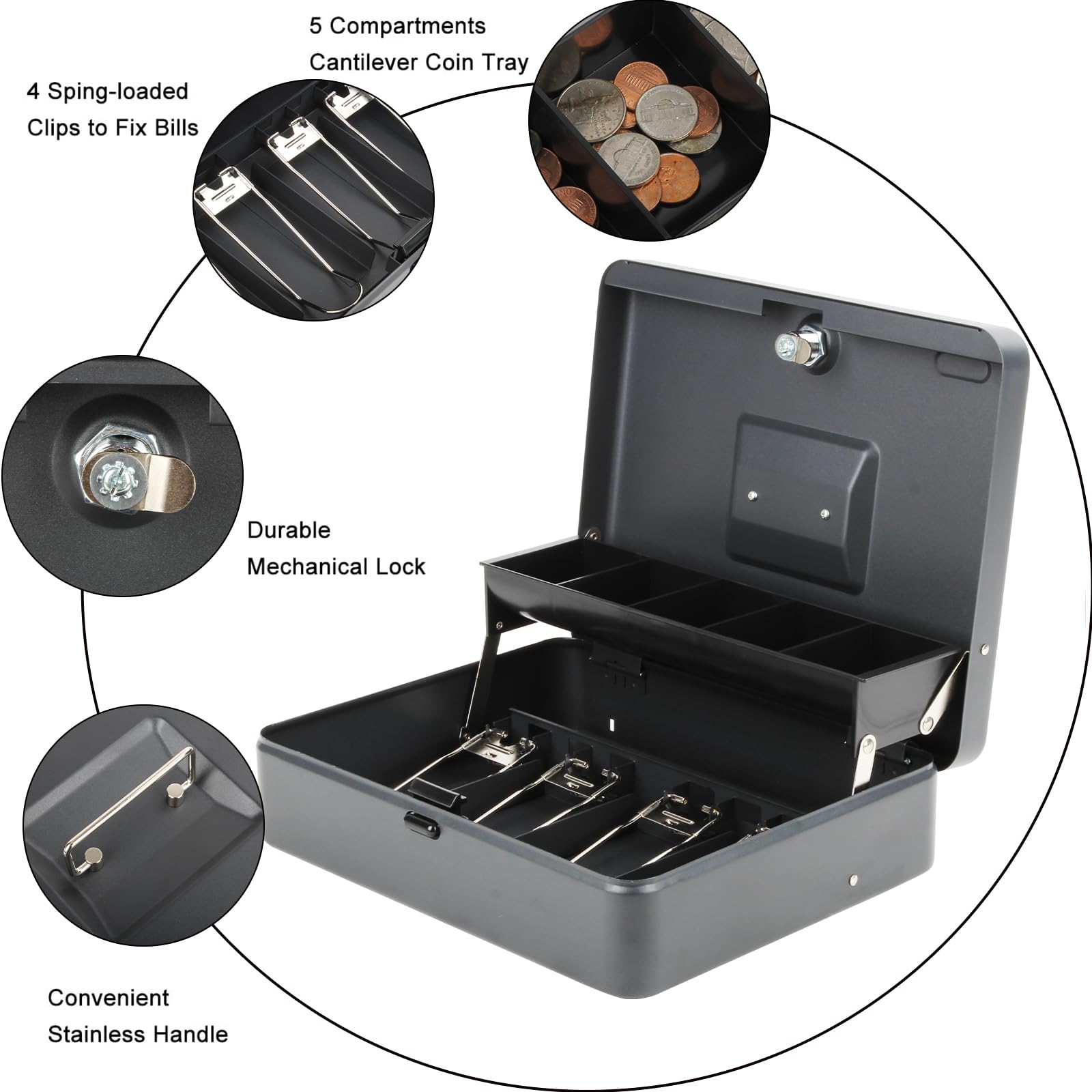 Polspag Cash Box with Key Lock and 2 Keys,Metal Money Box for Cash with Money Tray, Locking Cash Boxes with Handle, Portable Lock Safe Box with 4 Bill/5 Coin Slots, 11.8 x 9.5 x 3.5 Inch, Top Key-Grey 1
