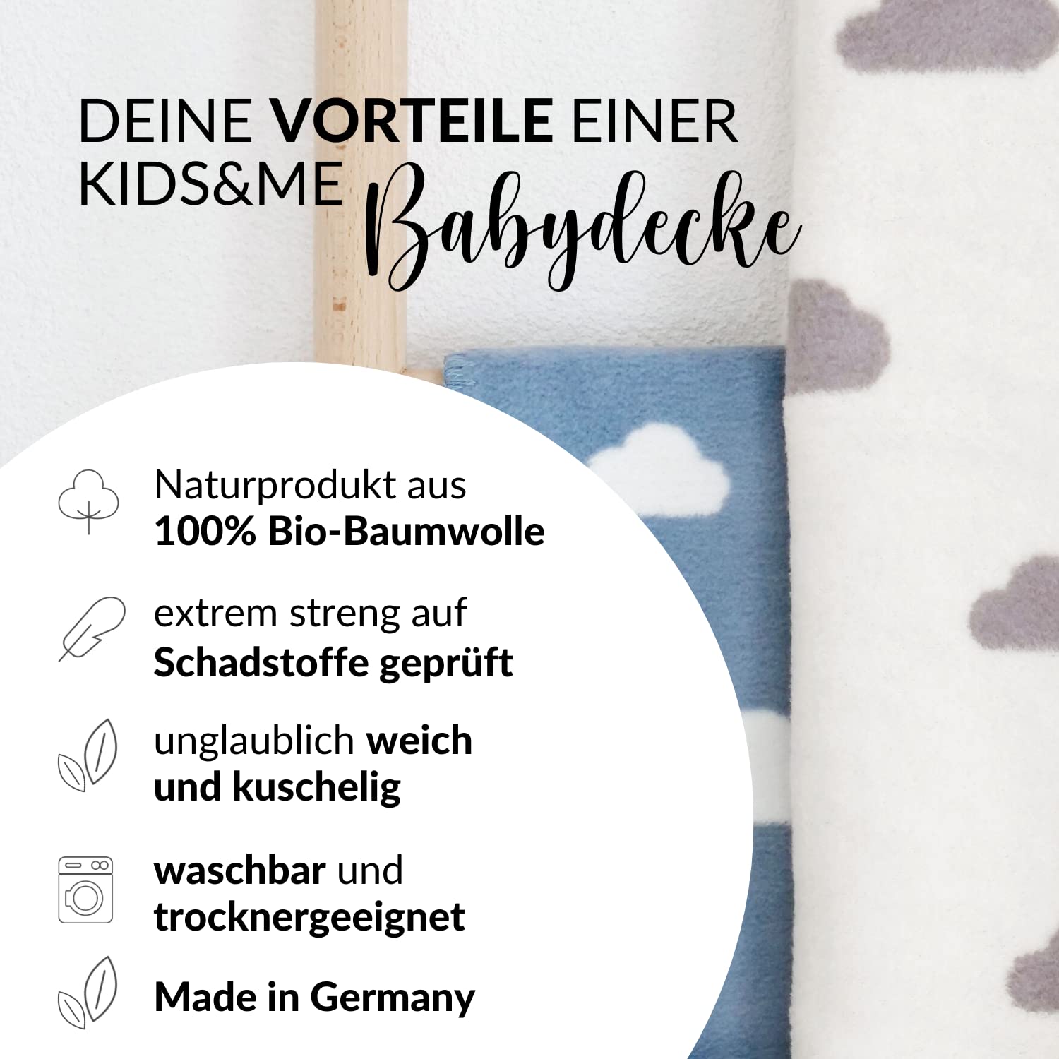 kids&me® Manta para bebé de algodón orgánico, fabricada en Alemania, manta de lana suave para bebés con nubes para niños y niñas, 70 x 100 cm