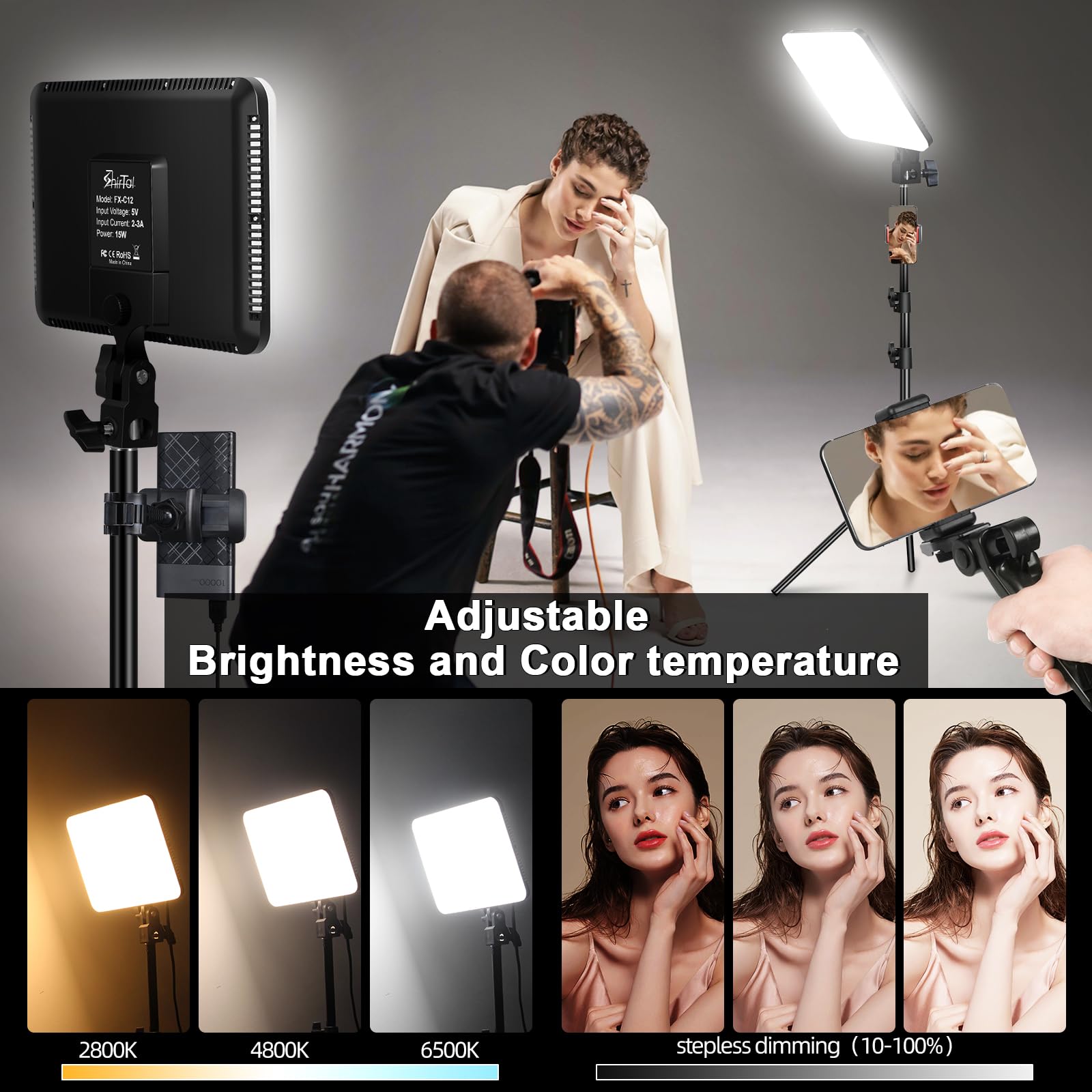 12" LED Video Light Kit,2-Pack Photography Lighting Kit,73" Height 2800-6500K Dimmable Studio Lights with Tripod Stand and Phone Holder, Streaming Lighting for Video Recording,Podcast,YouTube