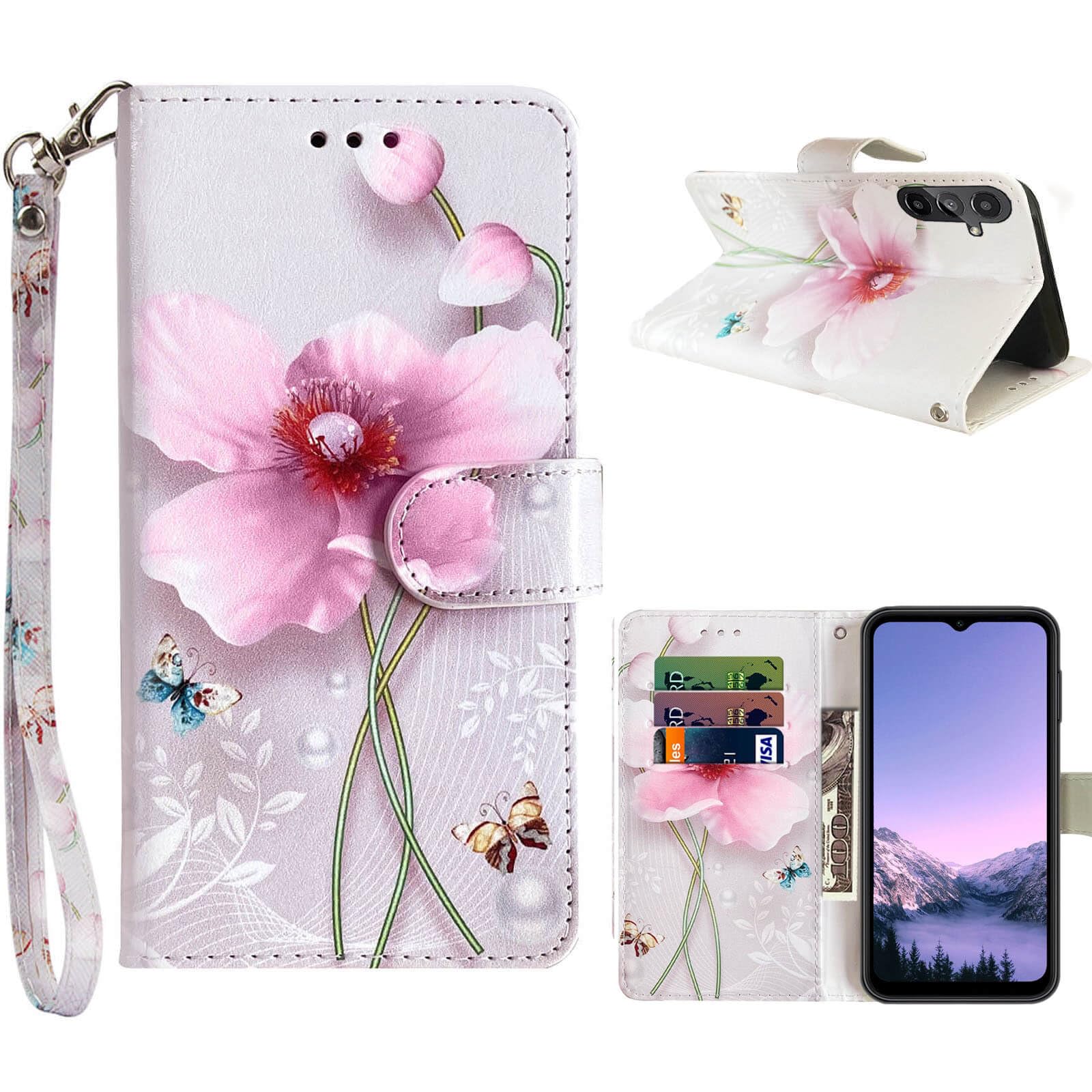 JanCalm for Samsung Galaxy A14 5G Wallet Case,Floral Pattern Cute for Galaxy A14 5G Phone Case Women Girls [Wrist Strap][Card Cash Slots] Stand PU Leather Flip Cases Cover (Pearl Flower)