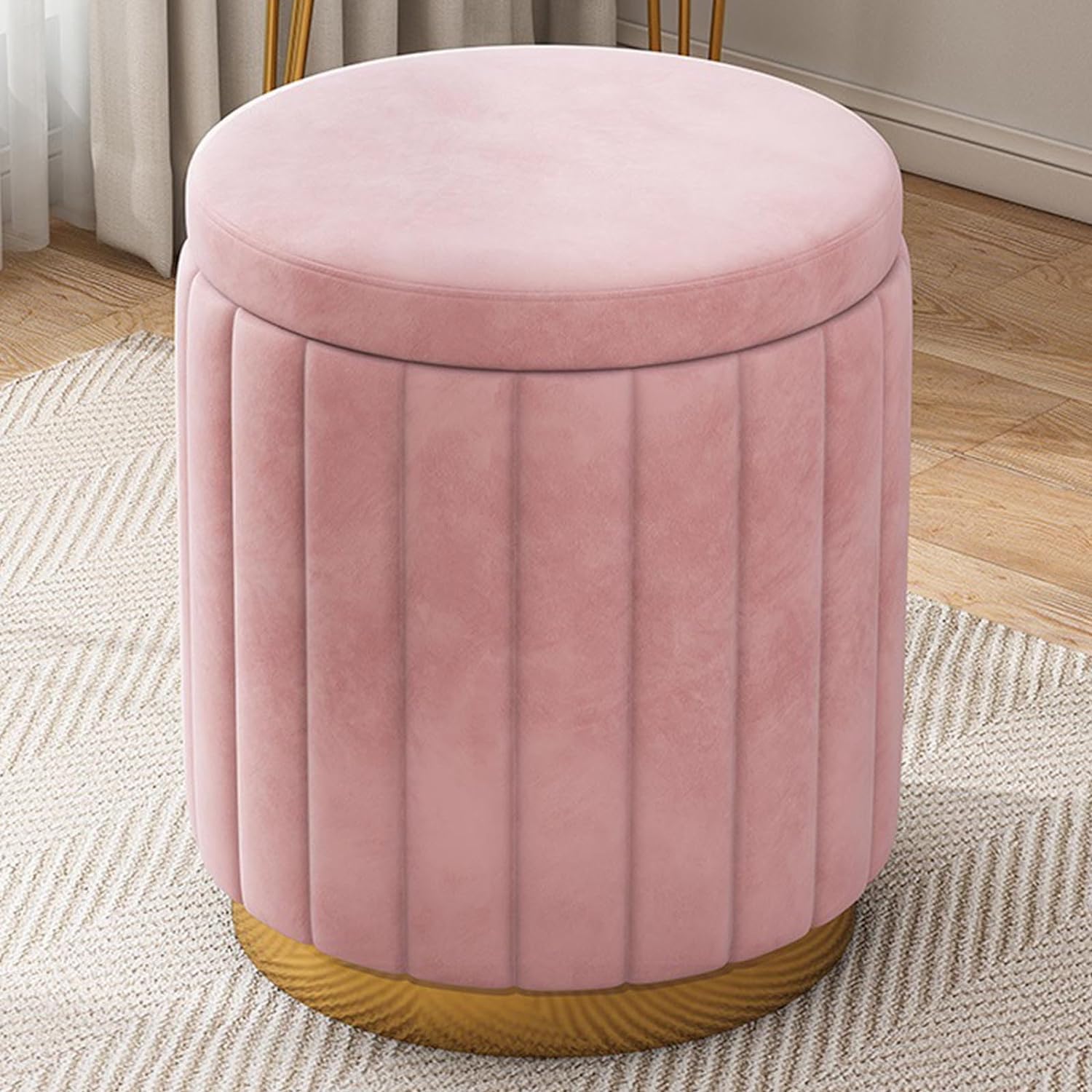 PADHAN'S Round Pink Ottoman Foot Stool with Lattice Design – Soft Compact Padded Stool – Gold Trim - Great for The Living Room or Bedroom – Decorative Furniture – Foot Rest