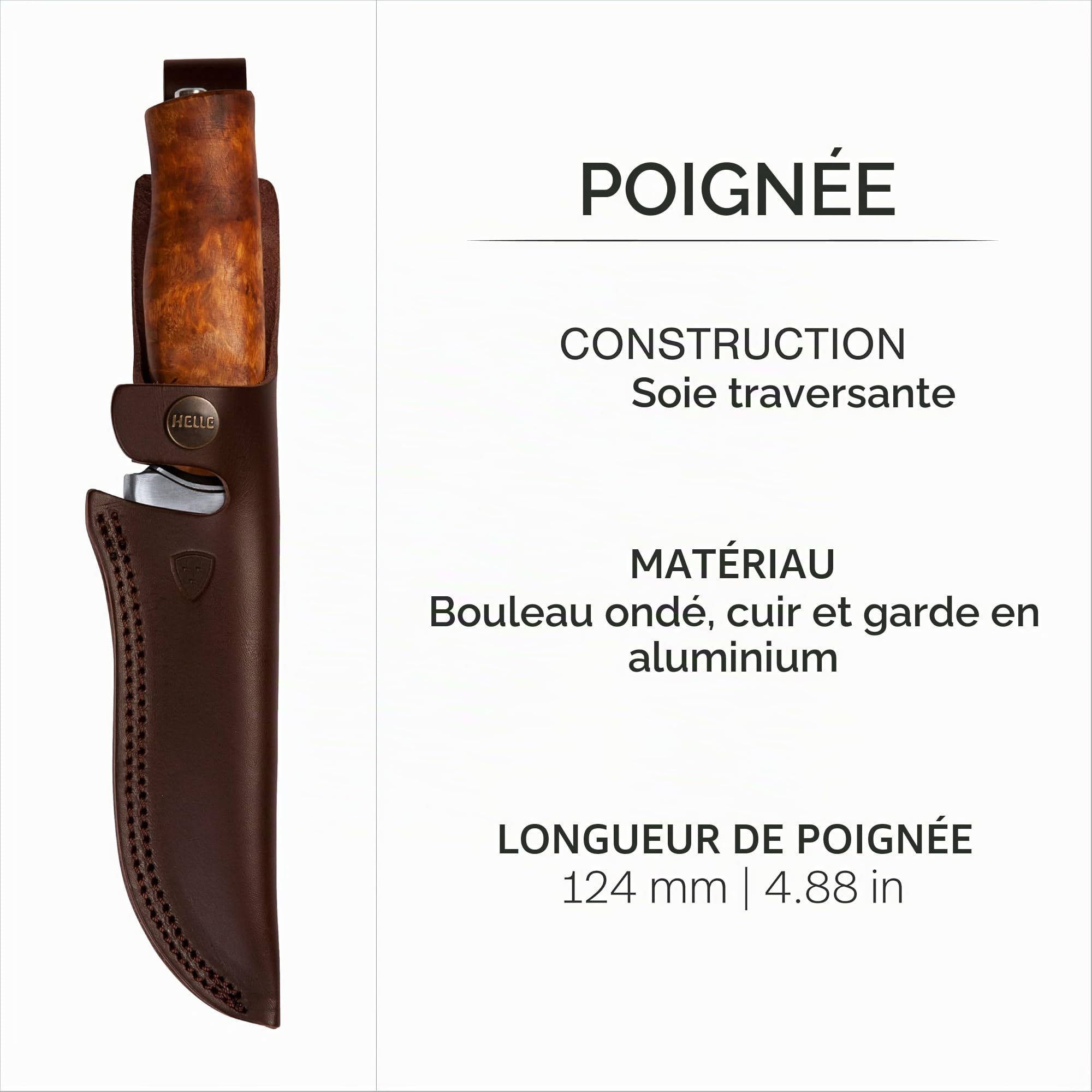 Couteau HELLE GT, lame 4,84 pouces, manche en bouleau madré