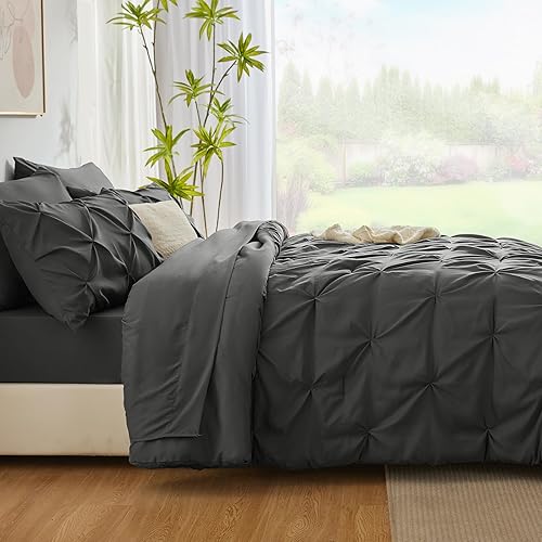 Miniatura 7 de CozyLux Juego de edredón Queen de 7 piezas, edredón tamaño Queen, color gris oscuro, ropa de cama con pliegues grises con edredón para todas las