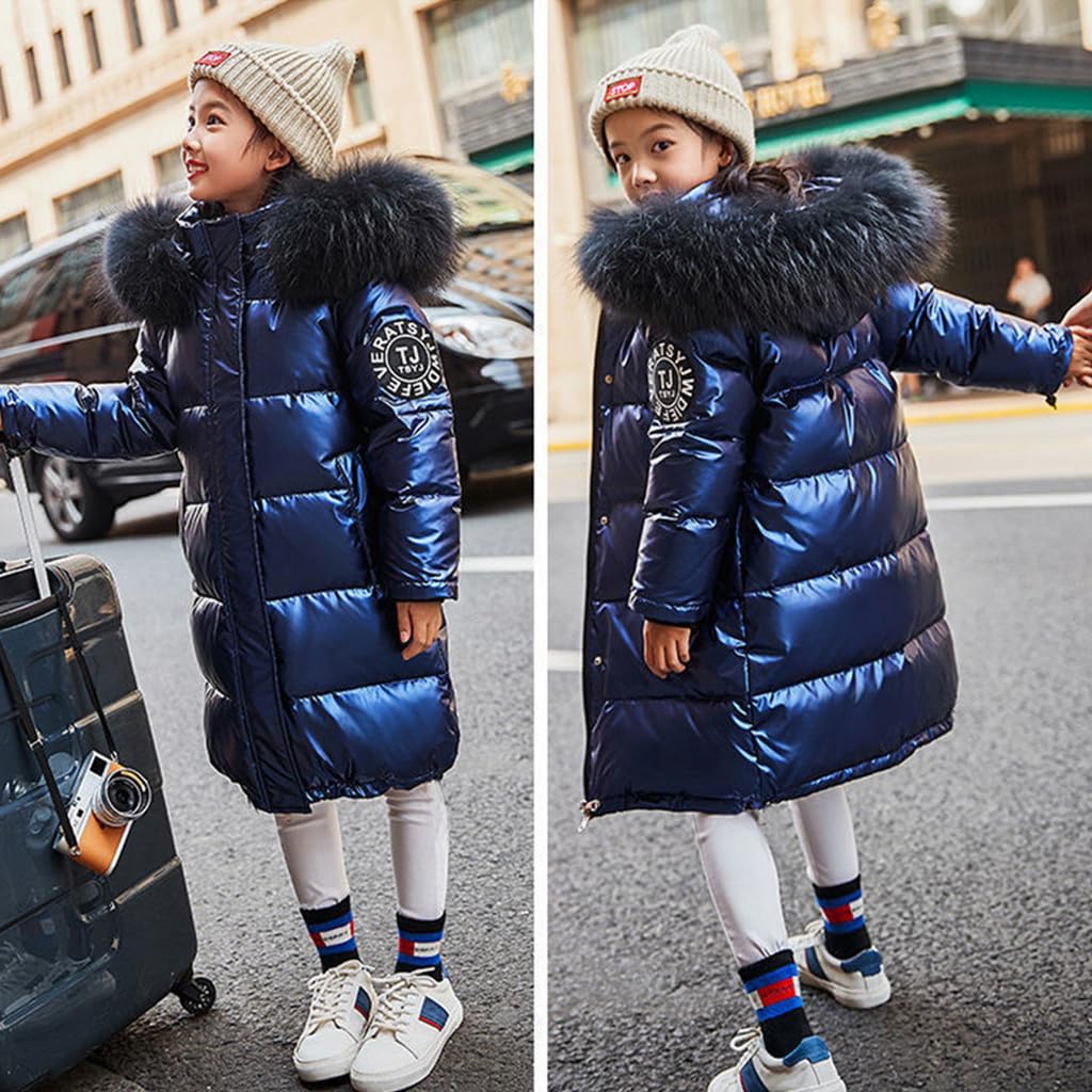 Linboo - Abrigo largo para niña, chaqueta de plumón cálido, para niño, invierno, con capucha, piel acolchada, parka luminosa