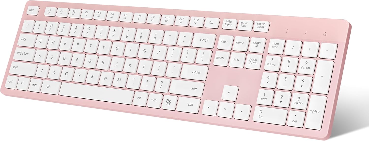 LeadsaiL Pink Wireless Keyboard, 2.4GHz Full-Sized Ergonomic Computer Keyboard, Cordless Noiseless Keyboard,12 FN Shortcuts for Windows MacOS Laptop Computer