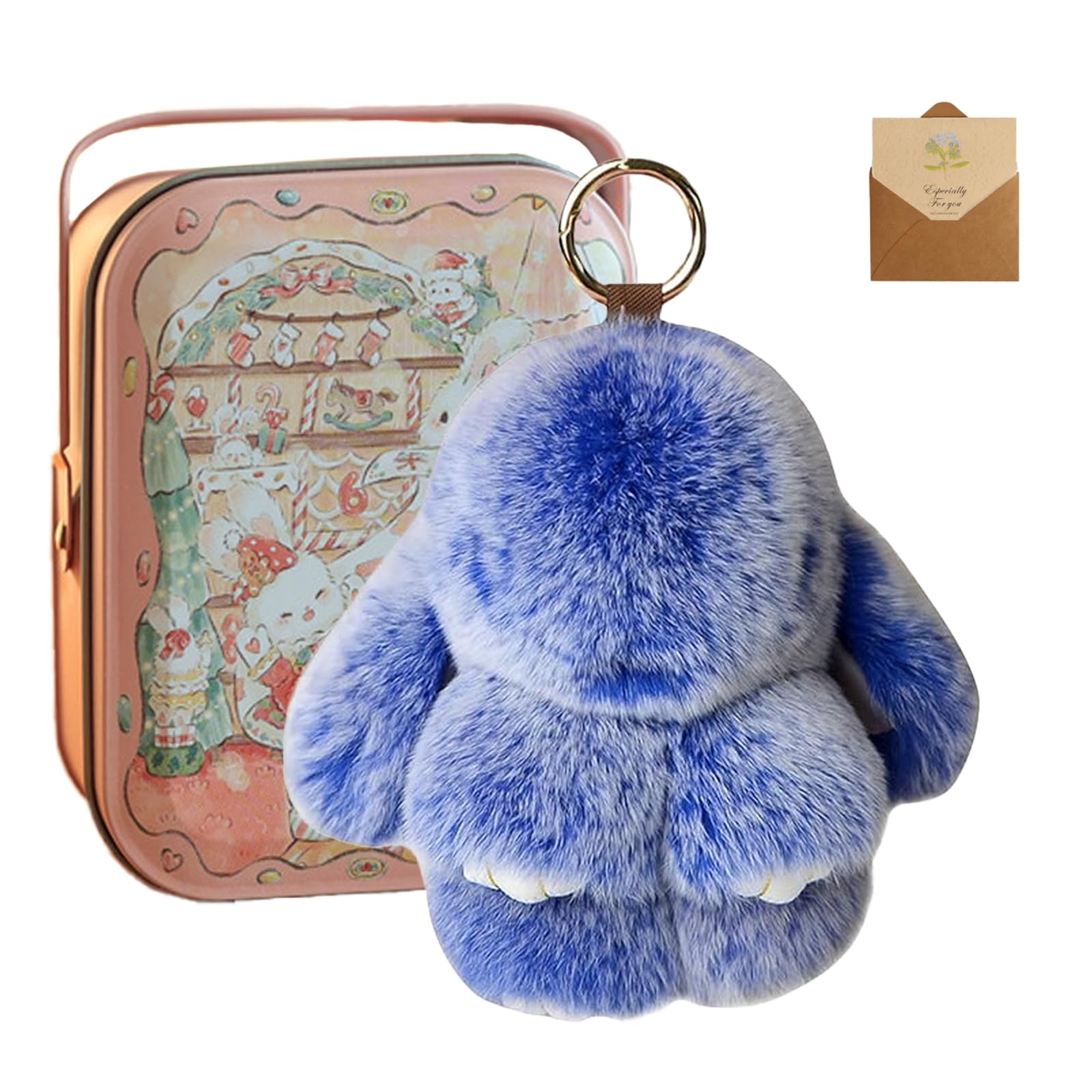 HItianya Fluffy Bunny Keychain, Fluffy Bunny Charms with Exquisite Box, Bunny In a Tin, Handmade Soft Bunny Pompom Keychain for Bags, Keys (Dark Blue)