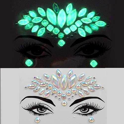 Miniatura 1 de Calcomanías de Halloween que brillan en la oscuridad, joyas faciales adhesivas para fiestas, accesorios de rave, joyas corporales, tatuaje temporal