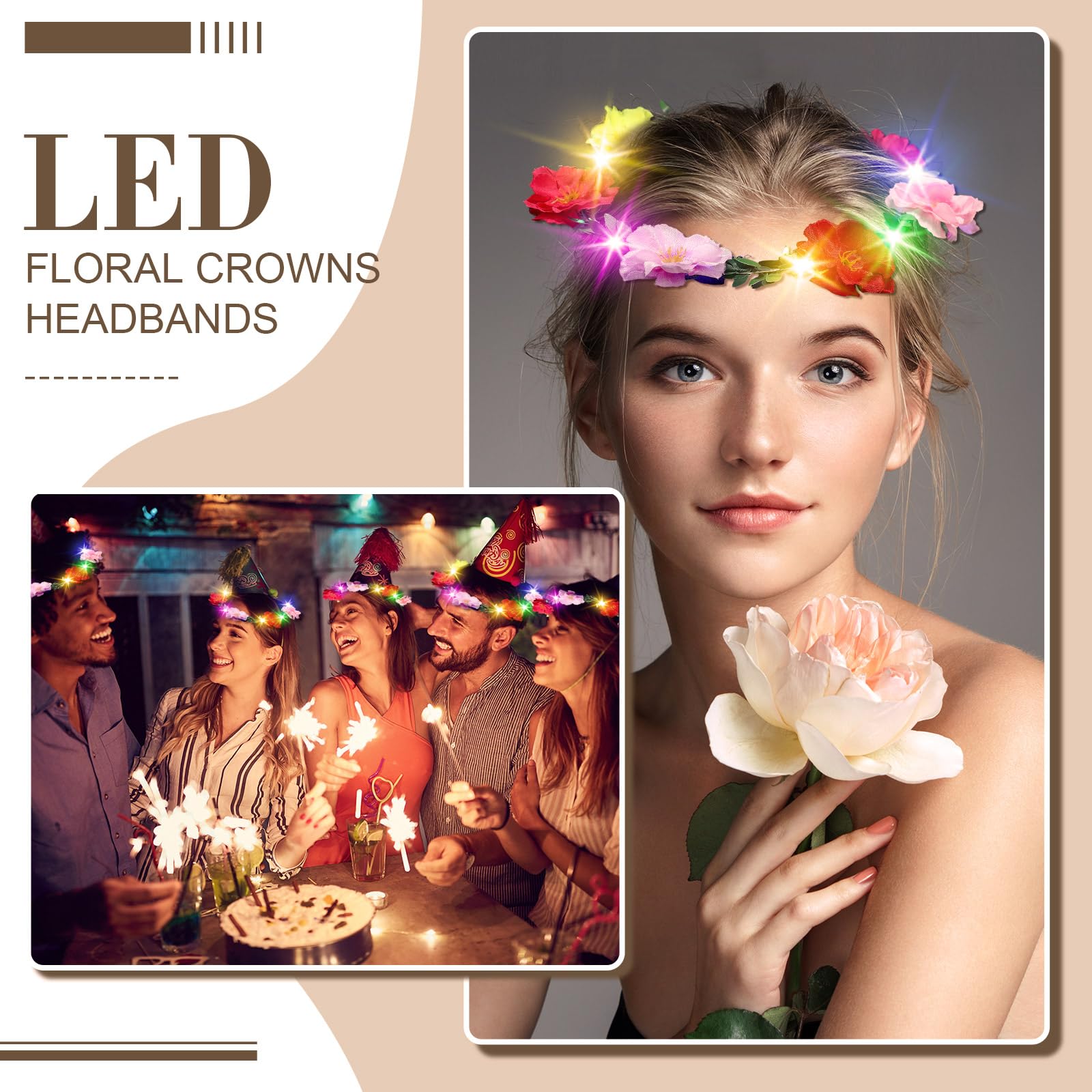 Lot de 50 couronnes de fleurs lumineuses à DEL pour cheveux - Multicolore - Pour femme et fille - Pour mariage, anniversaire, fête - Vacances (pivoine)