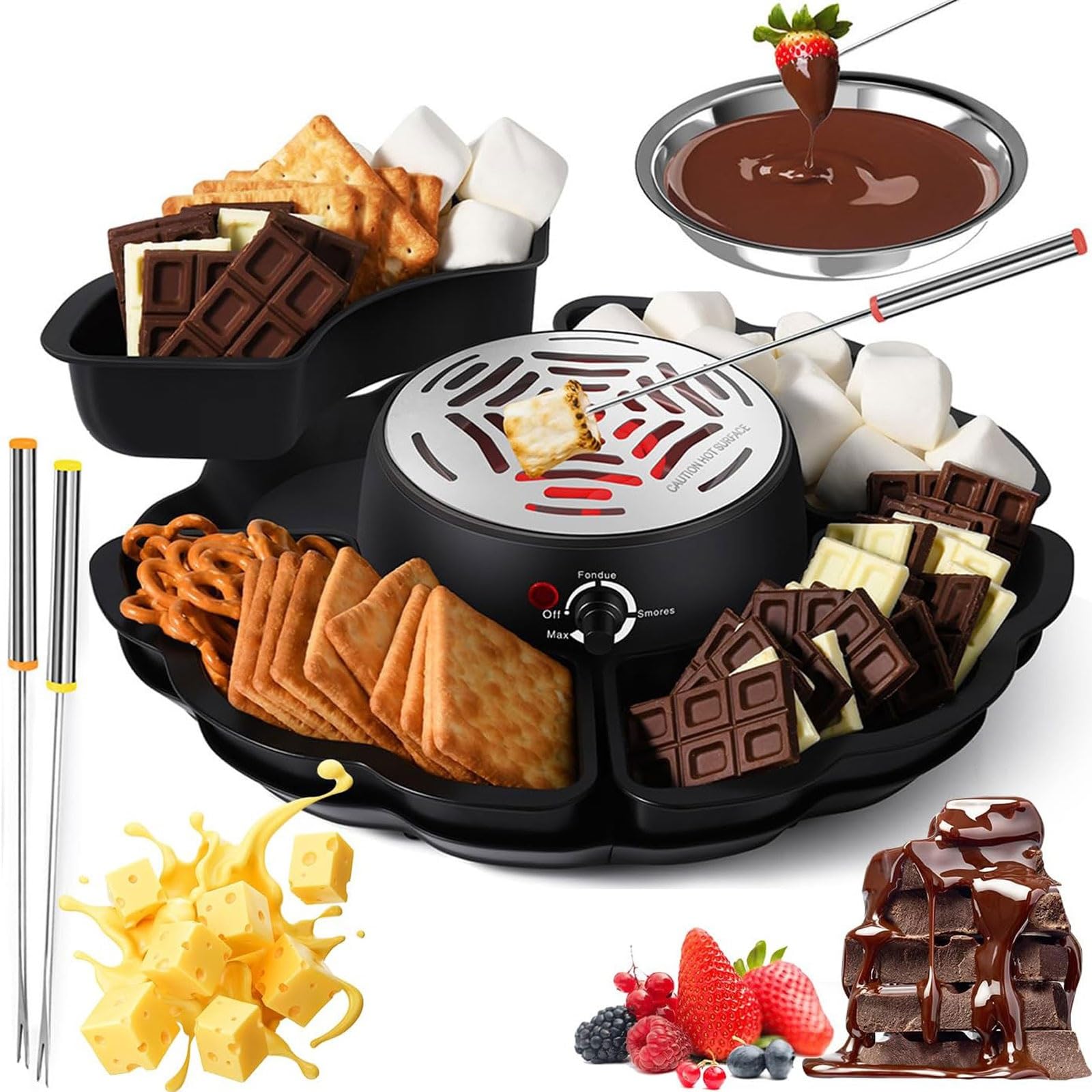 Máquina eléctrica for Hacer S'Mores y Olla for Fondue, Kit 2 en 1 for tostar malvaviscos con 4 Tenedores for Asar, 4 bandejas Desmontables y 1 Calentador sin Llama con Control de Temperatura