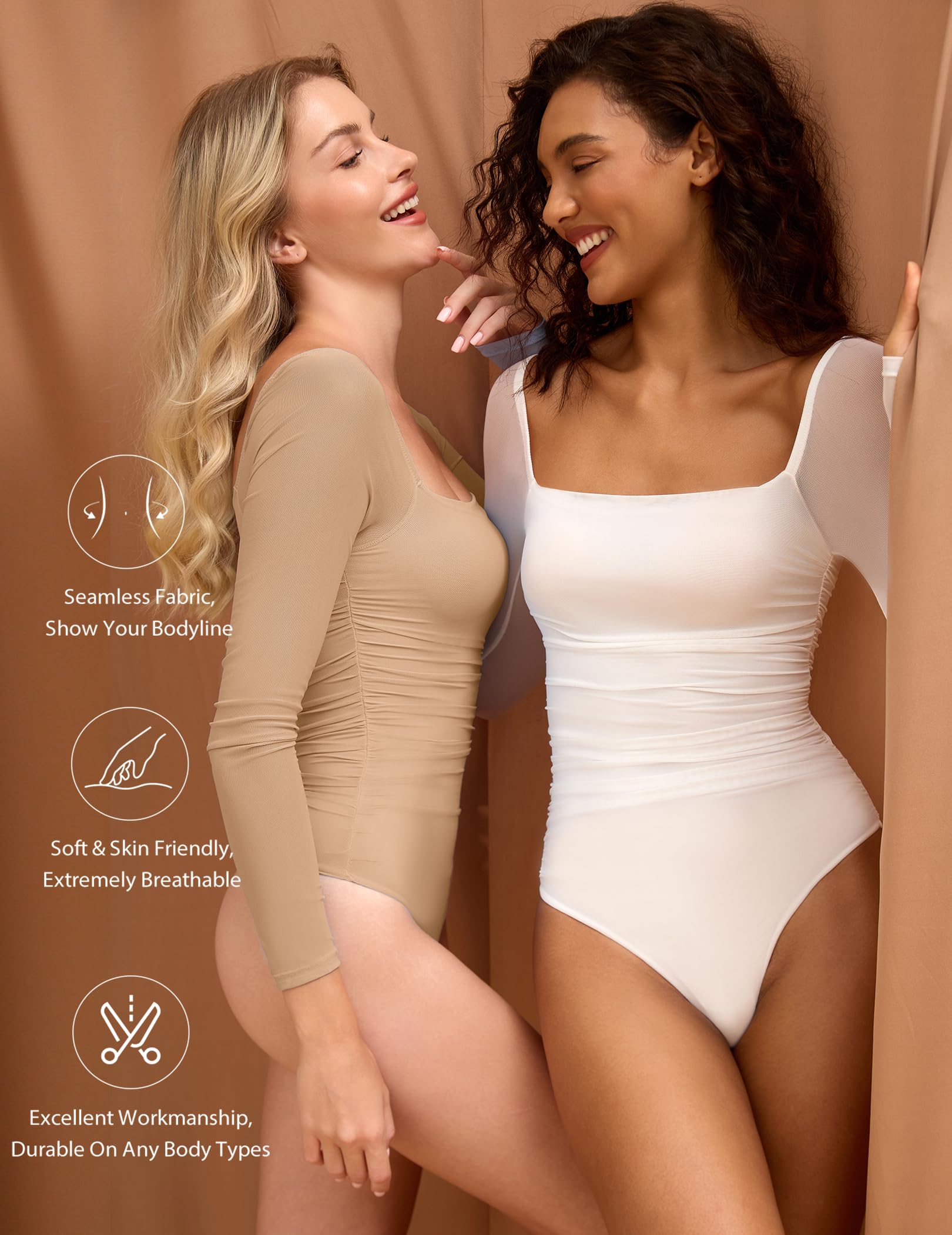 Avidlove Body da donna con scollo quadrato in rete a maniche lunghe e increspato, sexy, top velato per appuntamenti e serate