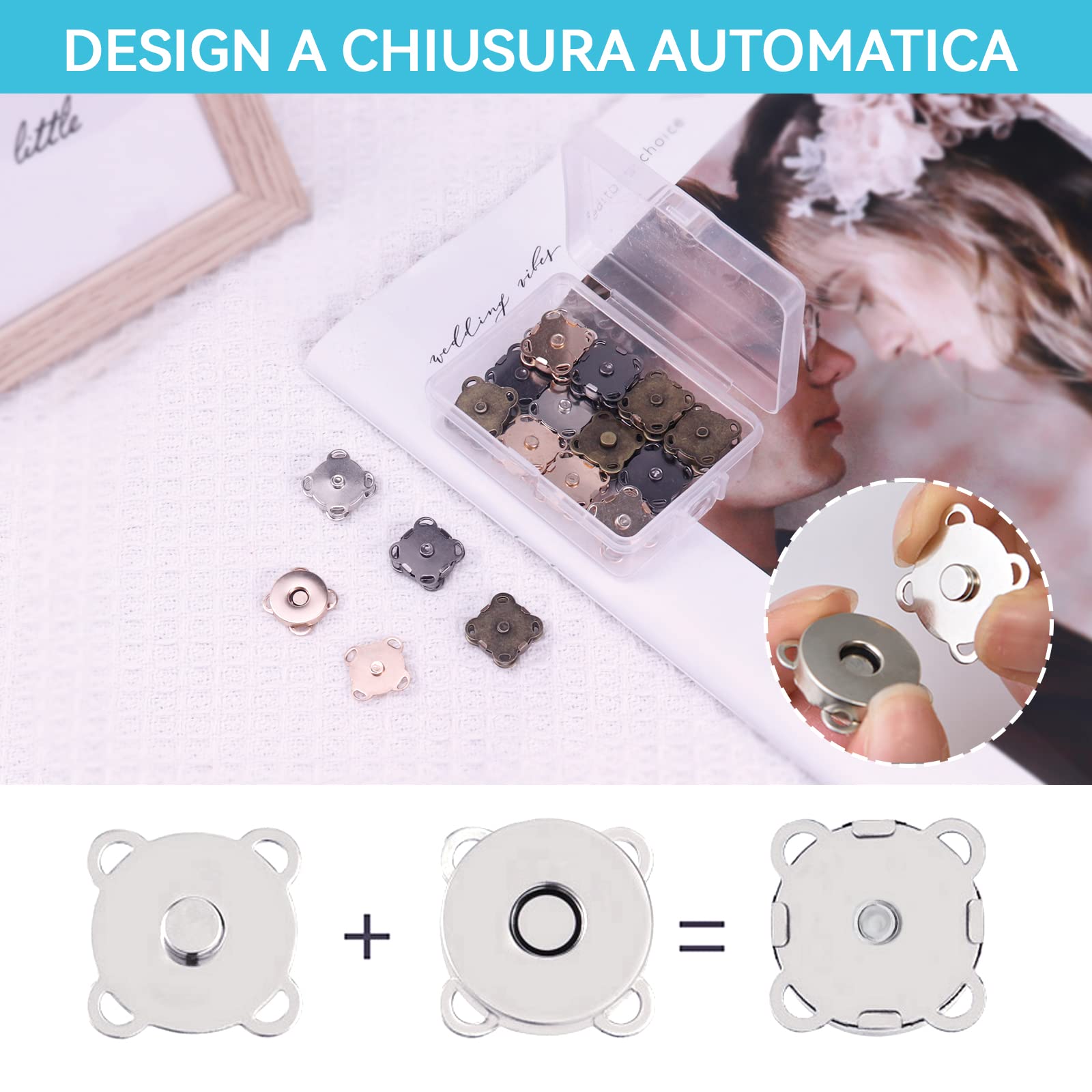 Bottoni Magnetici Scatto,24 PCS Chiusura Magnetica Automatici Magnetici in Metallo per Borse Cucire Artigianali Abbigliamento Produzione in Pelle