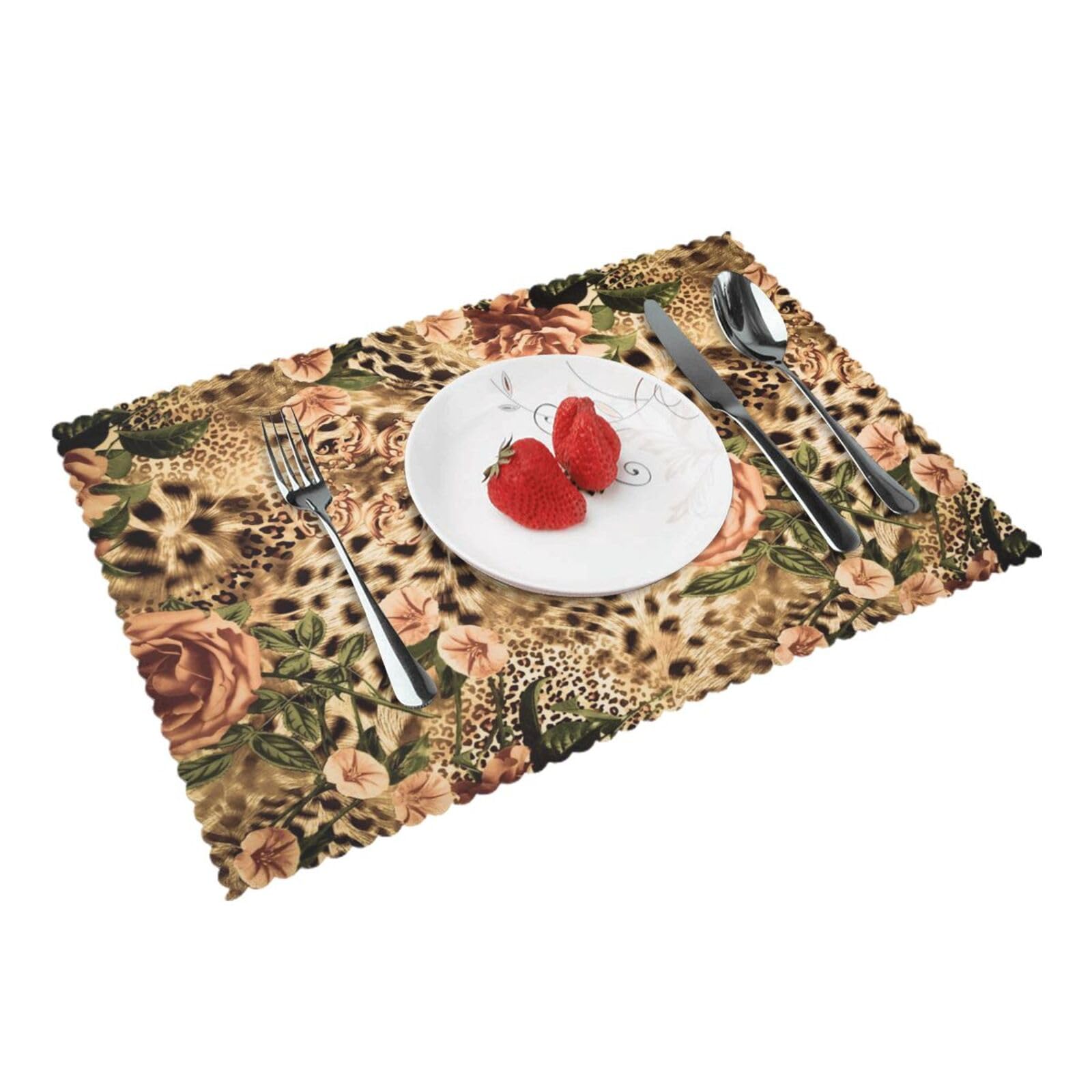 Striped Leopard and Roses Printed Placemats Set of 4 PCS Washable Placemat for Kitchen Table Heat-resistant Table Mats 45x30 CM